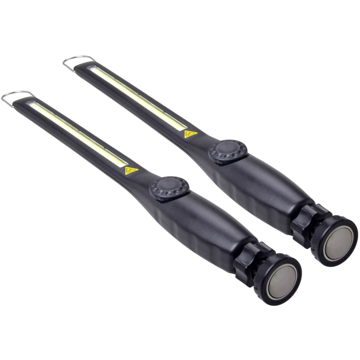 Zwei schwarze LED-Arbeitsleuchten mit Magnetfuß und Haken.