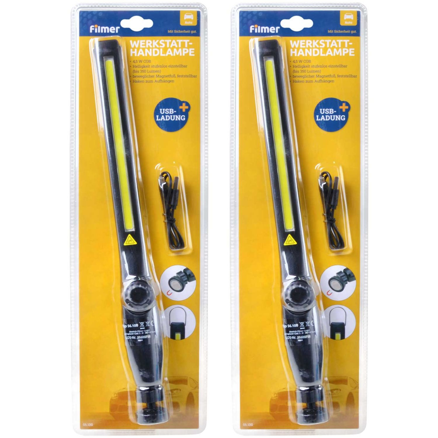 Zwei Werkstattlampen mit USB-Ladefunktion, magnetischem Fuß und Haken.