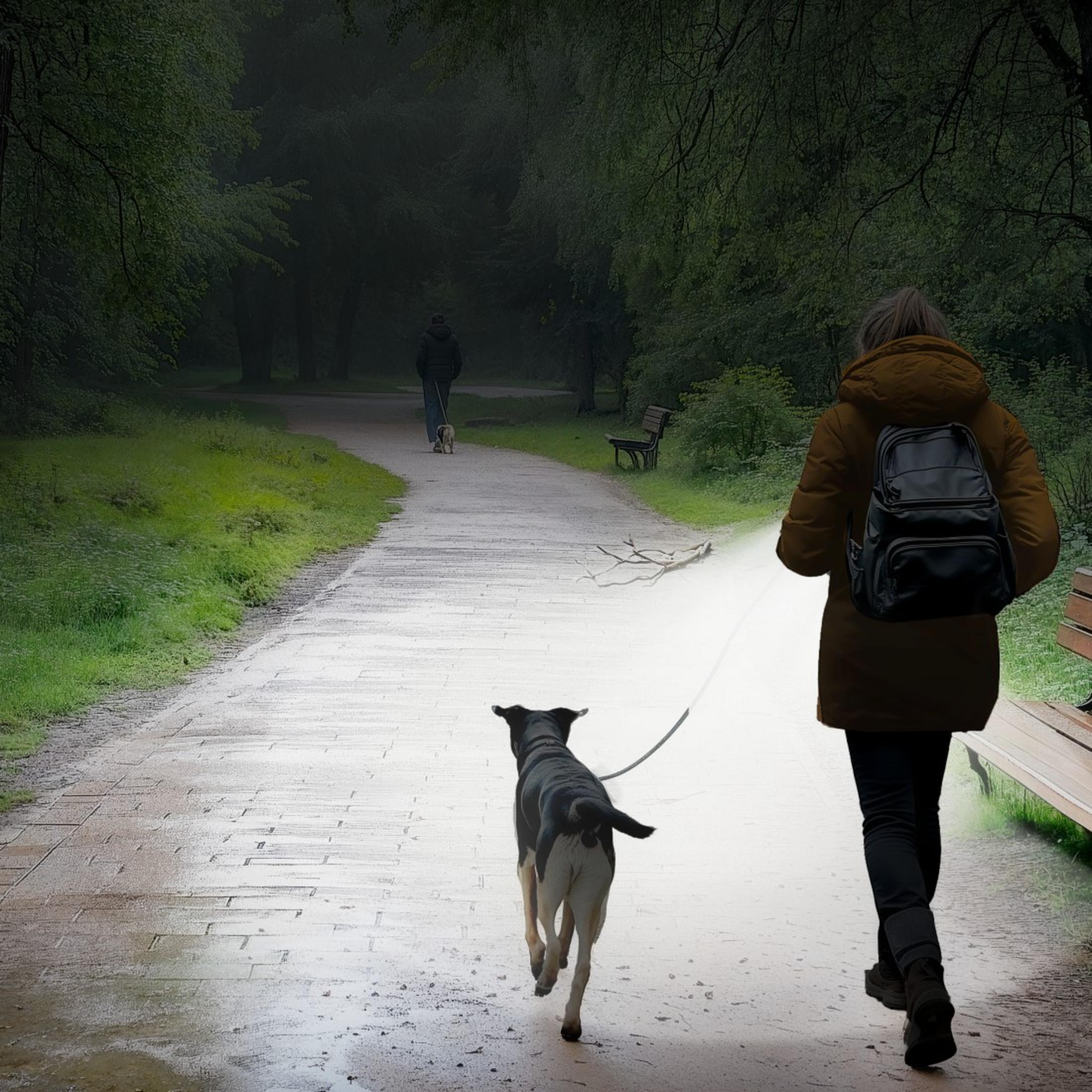 Una persona con mochila pasea un perro por un sendero mojado en el parque.