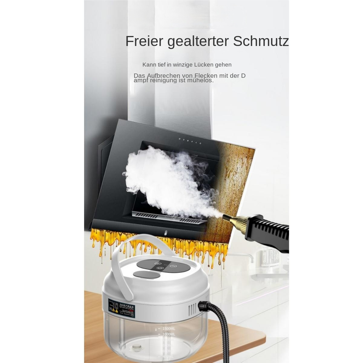 Ein Dampfreiniger reinigt einen schmutzigen Dunstabzugshaube mit Dampf.