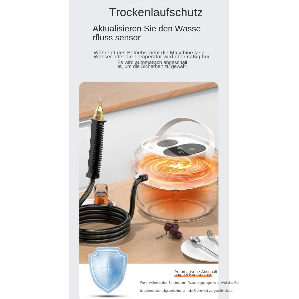 Trockenlaufschutz mit Wasserflusssensor: Automatische Abschaltung bei Überhitzung.