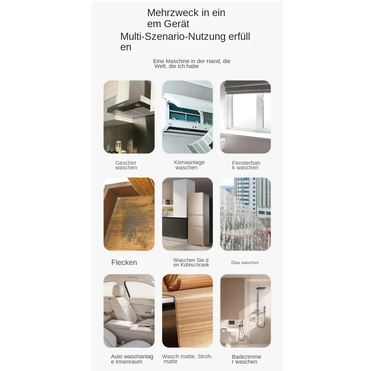 Collage zeigt verschiedene Reinigungsszenarien: Küche, Klimaanlage, Fenster, Möbel, Auto, Bad.