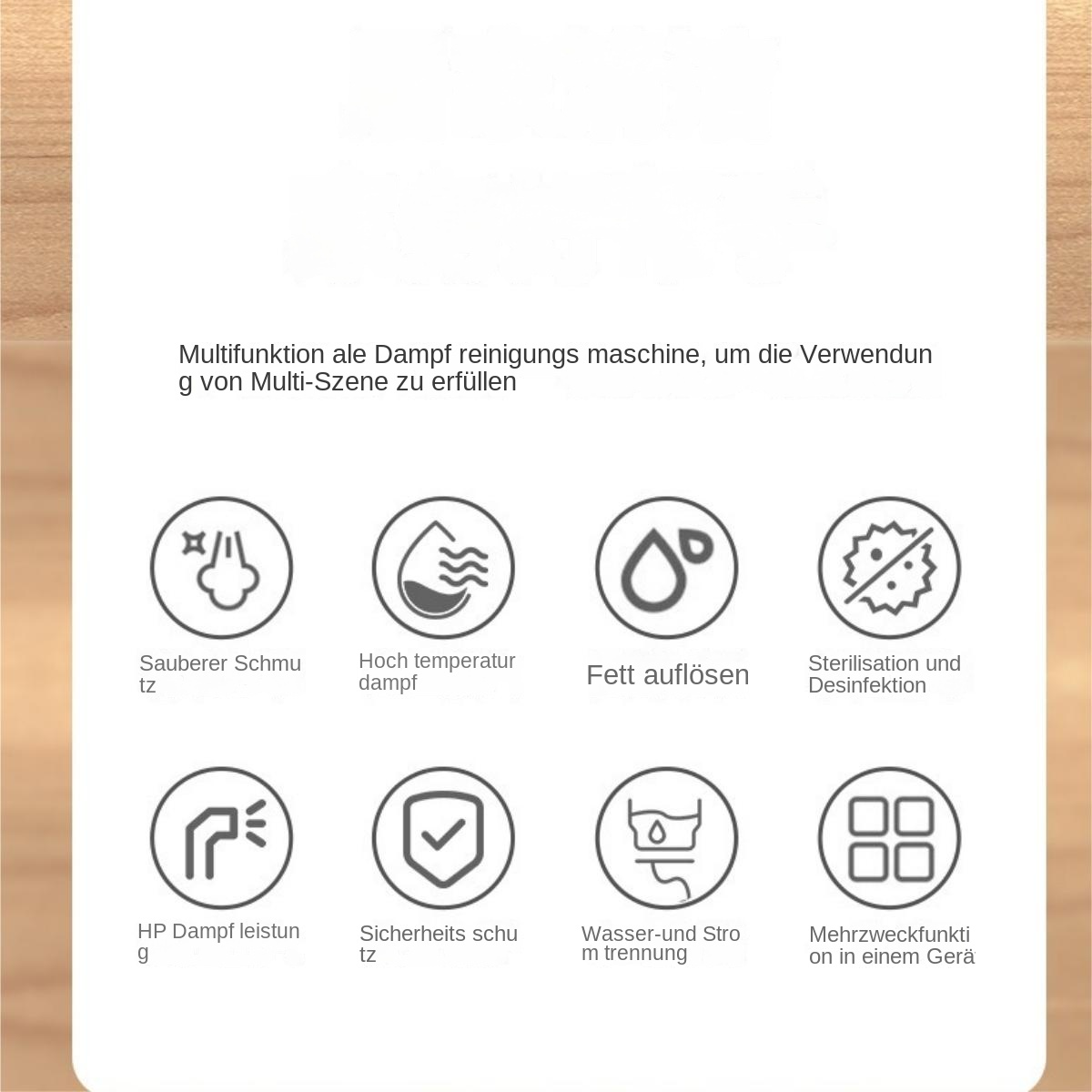 Symbole für Dampfreinigungsfunktionen: Sauberkeit, Hitze, Fettlöser, Sterilisation, Leistung, Sicherheit, Trennung, Vielseitigkeit.