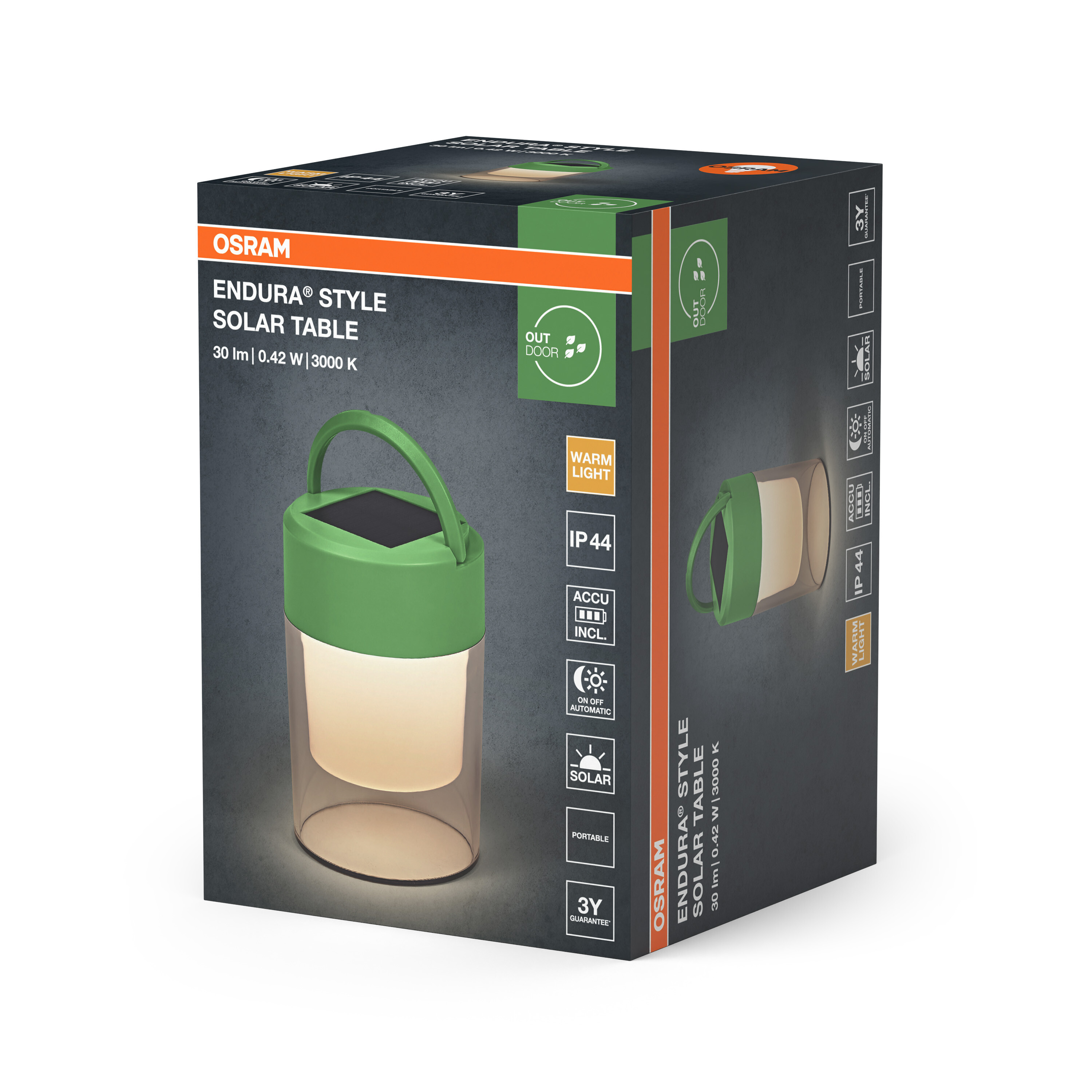 OSRAM Endura Style Solar Tischleuchte Verpackung mit Produktabbildung und Details.