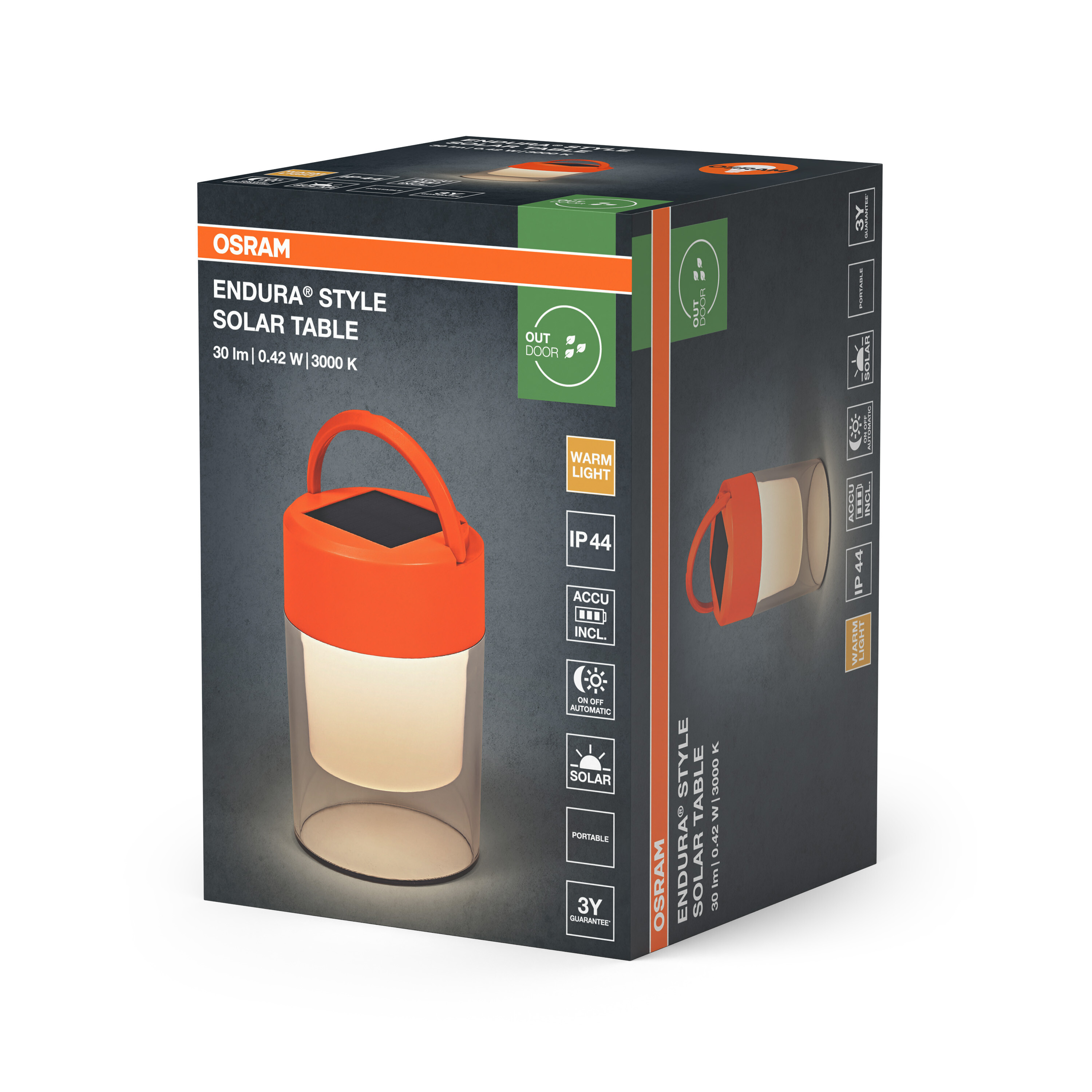 Verpackung einer Osram Endura Style Solar-Tischleuchte, orange und weiß.