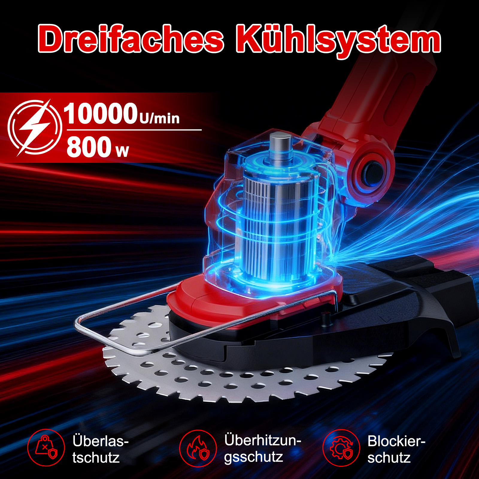 Roter Elektroschneider mit 10000 U/min, 800W. Dreifaches Kühlsystem.