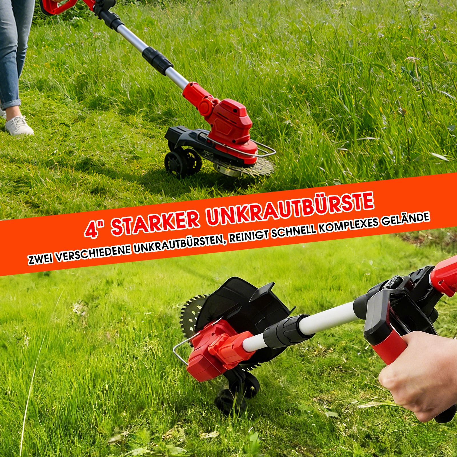 Rote und schwarze Motorsense mit Rädern im grünen Gras.