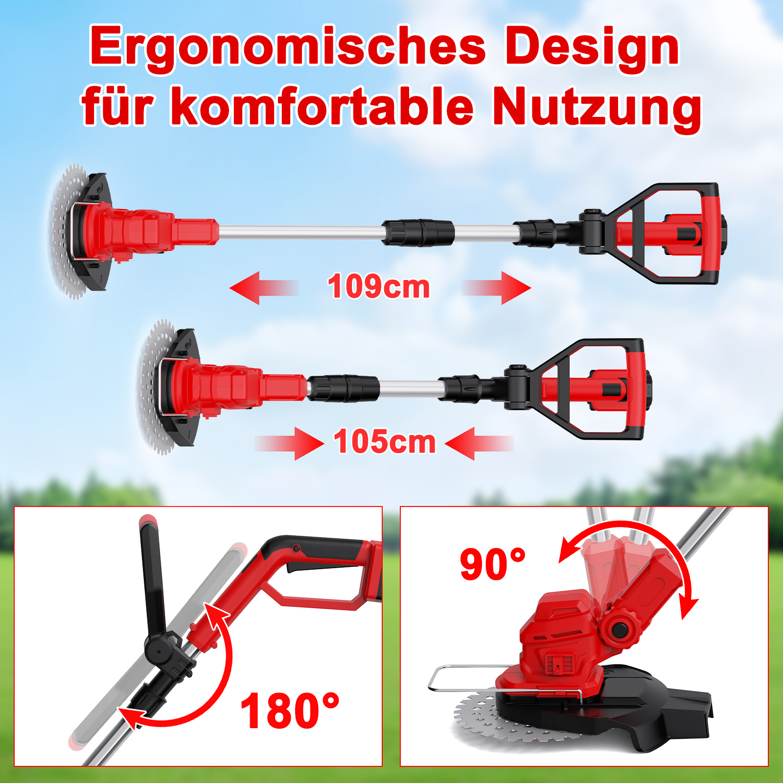 Zwei rote Trimmer mit unterschiedlichen Längen (109cm, 105cm) und verstellbaren Winkeln.