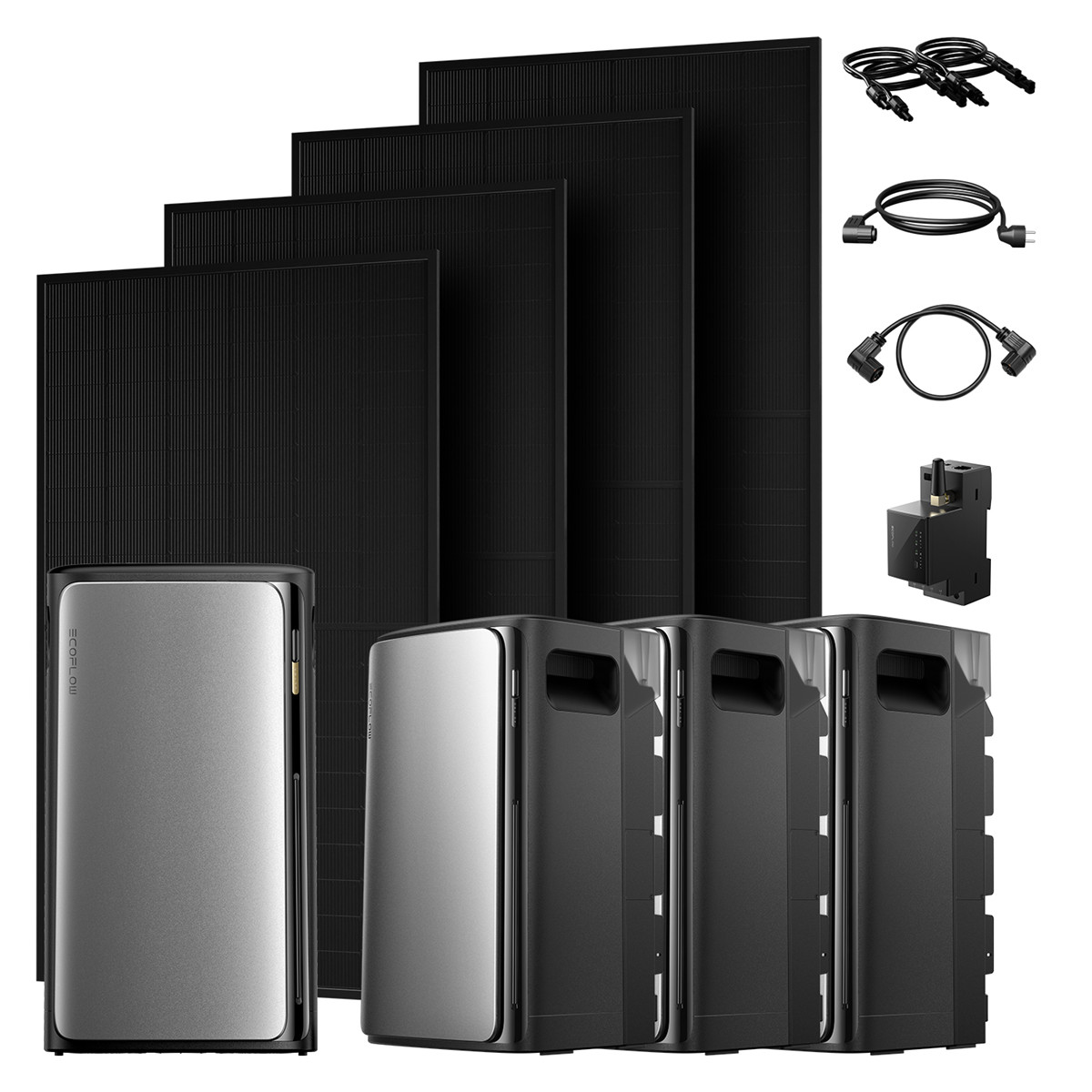 Schwarze Solarmodule, silberne und schwarze Kraftwerke, Kabel und ein schwarzer Adapter.