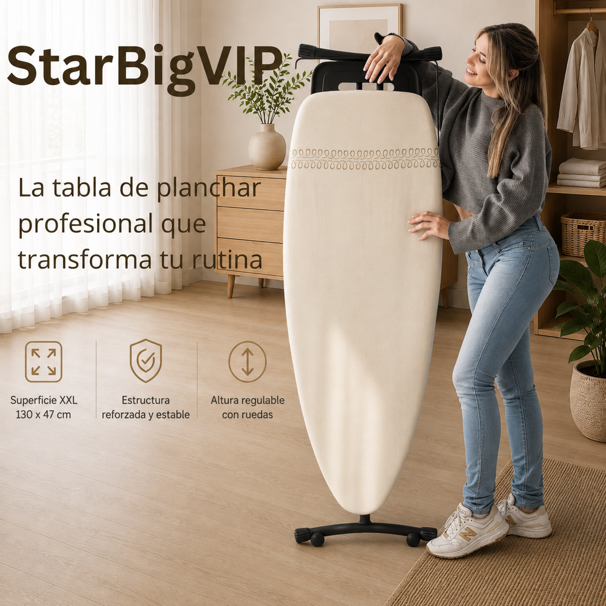 Una mujer con jeans y suéter se apoya en una tabla de planchar color crema con ruedas.