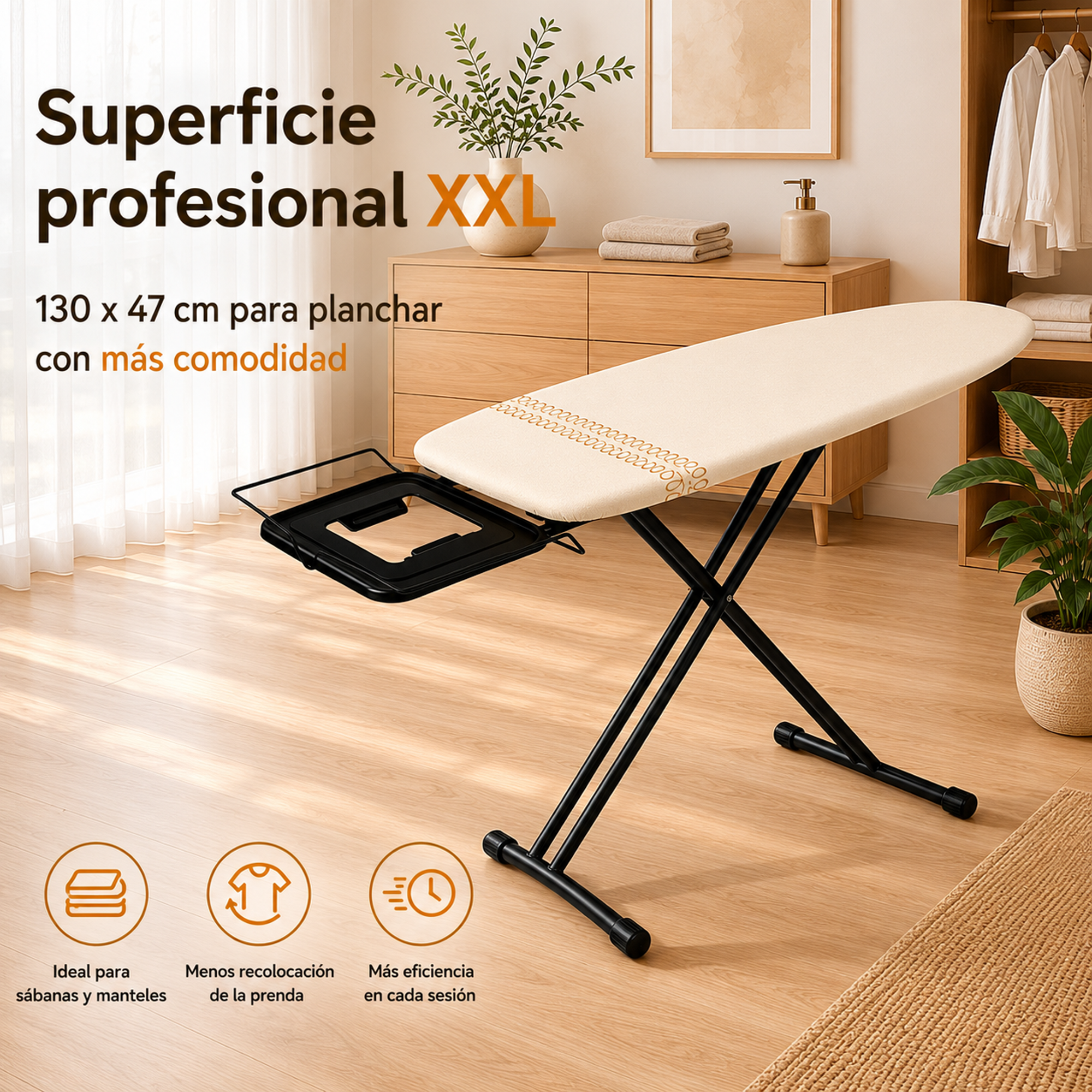 Un gran tablero de planchar profesional con funda beige y patas negras.