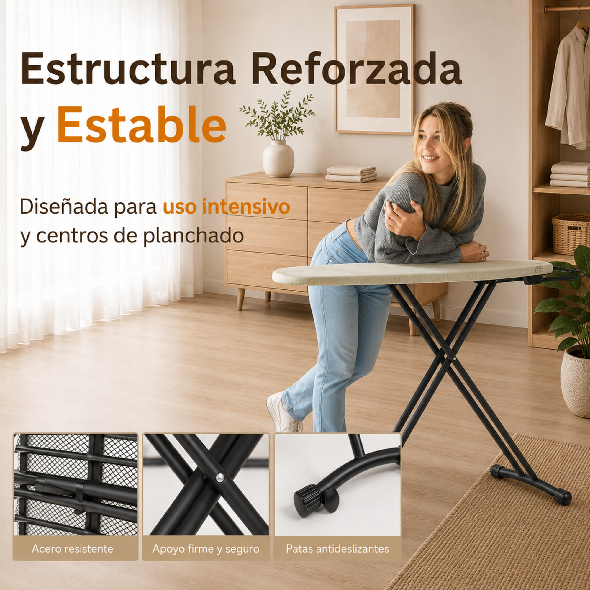 Mujer apoyada en tabla de planchar, detalles muestran estructura de acero y patas.