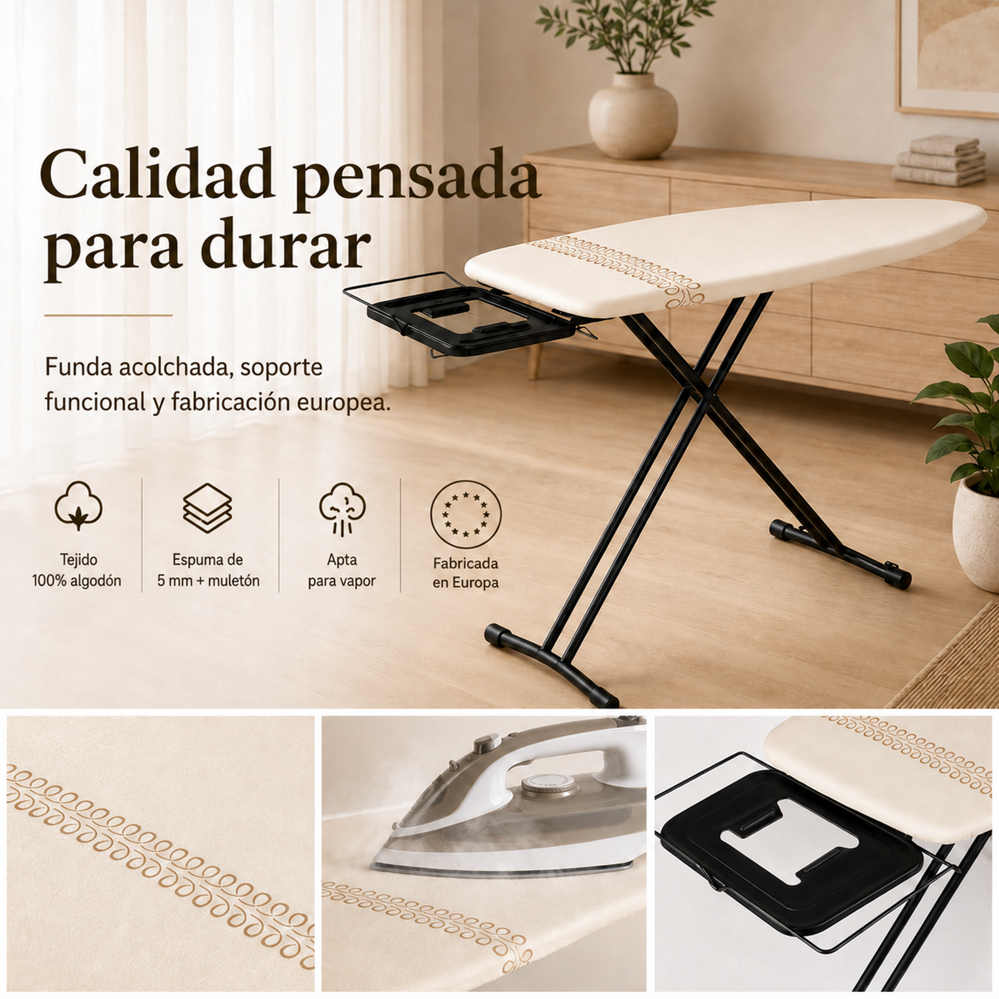 Tabla de planchar plegable con marco de metal y funda acolchada en una habitación.