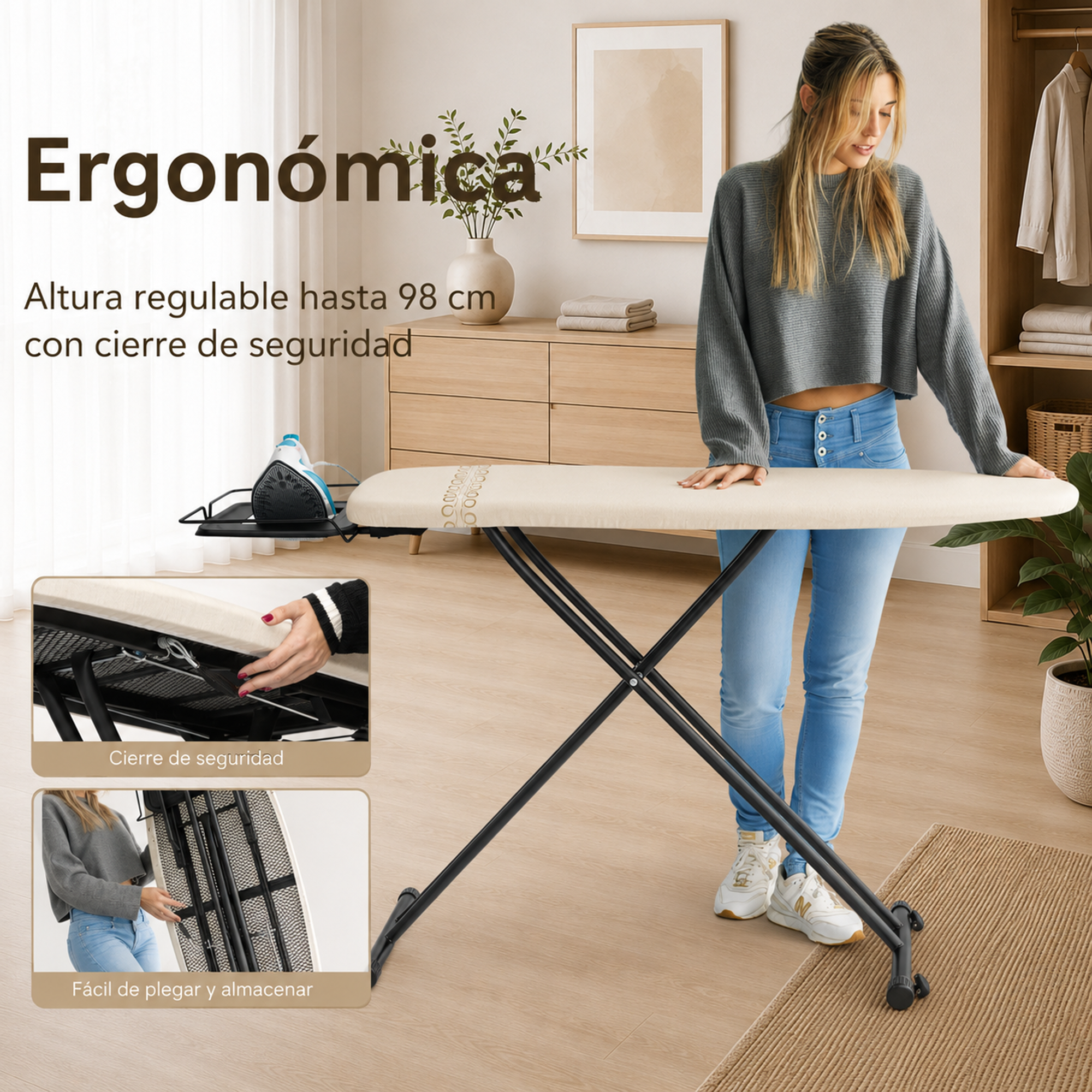 Una mujer junto a una tabla de planchar ajustable con soporte para plancha.