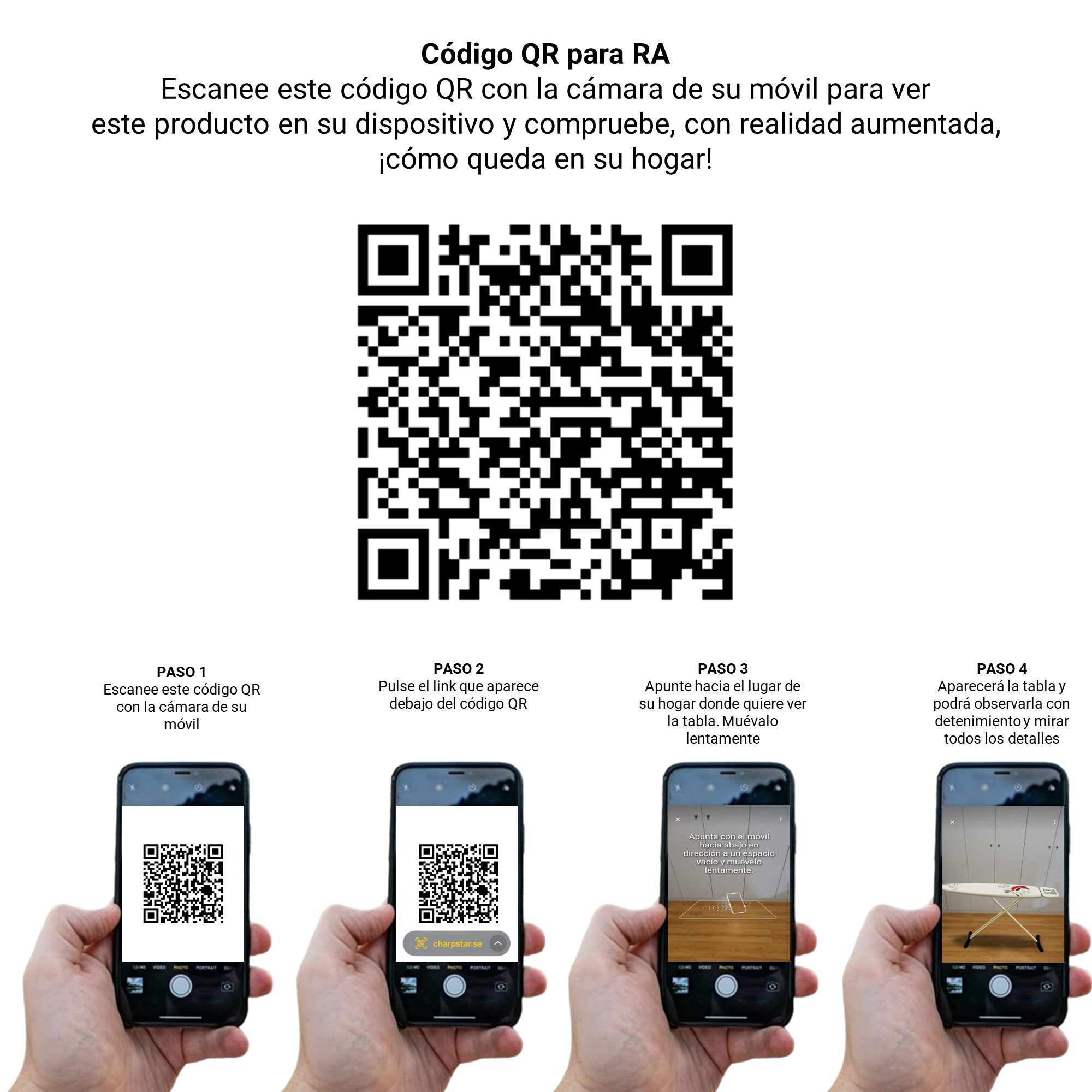 Instrucciones para vista previa AR de producto con código QR e imágenes.