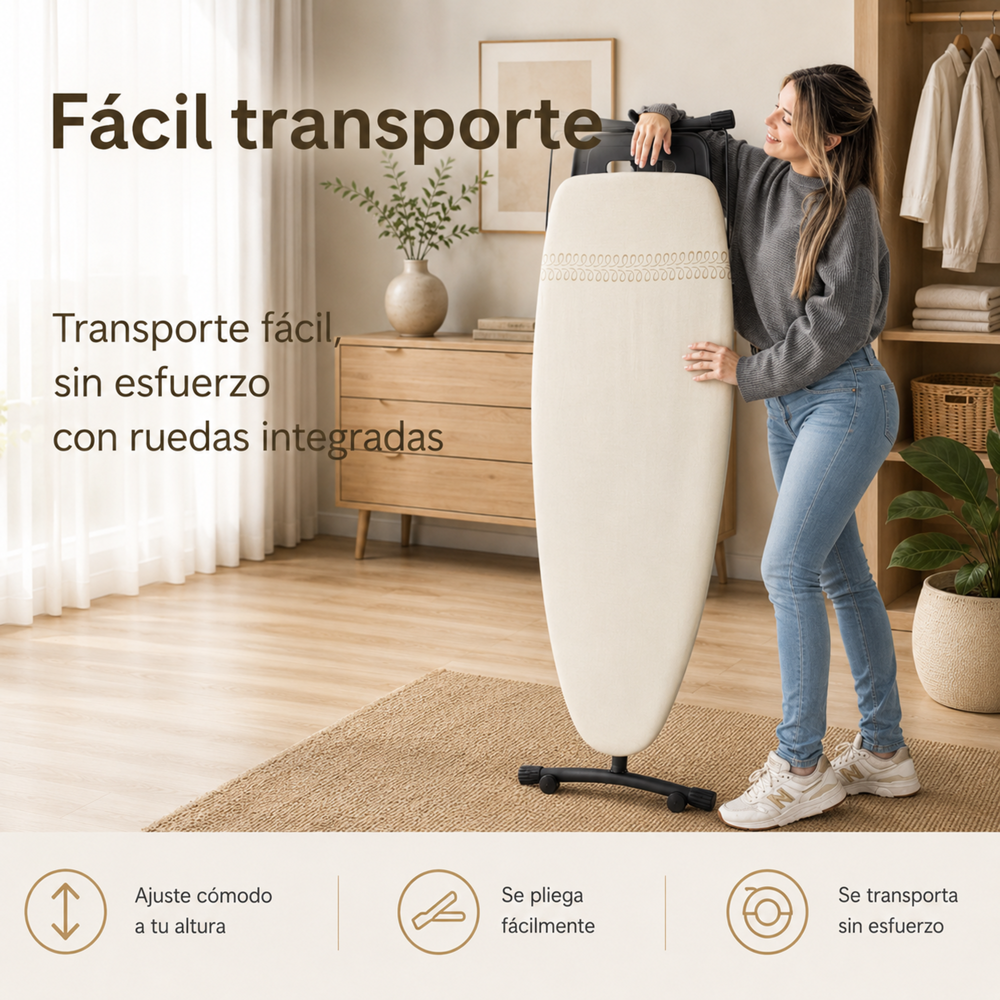 Mujer junto a tabla de planchar plegable con ruedas en un dormitorio.