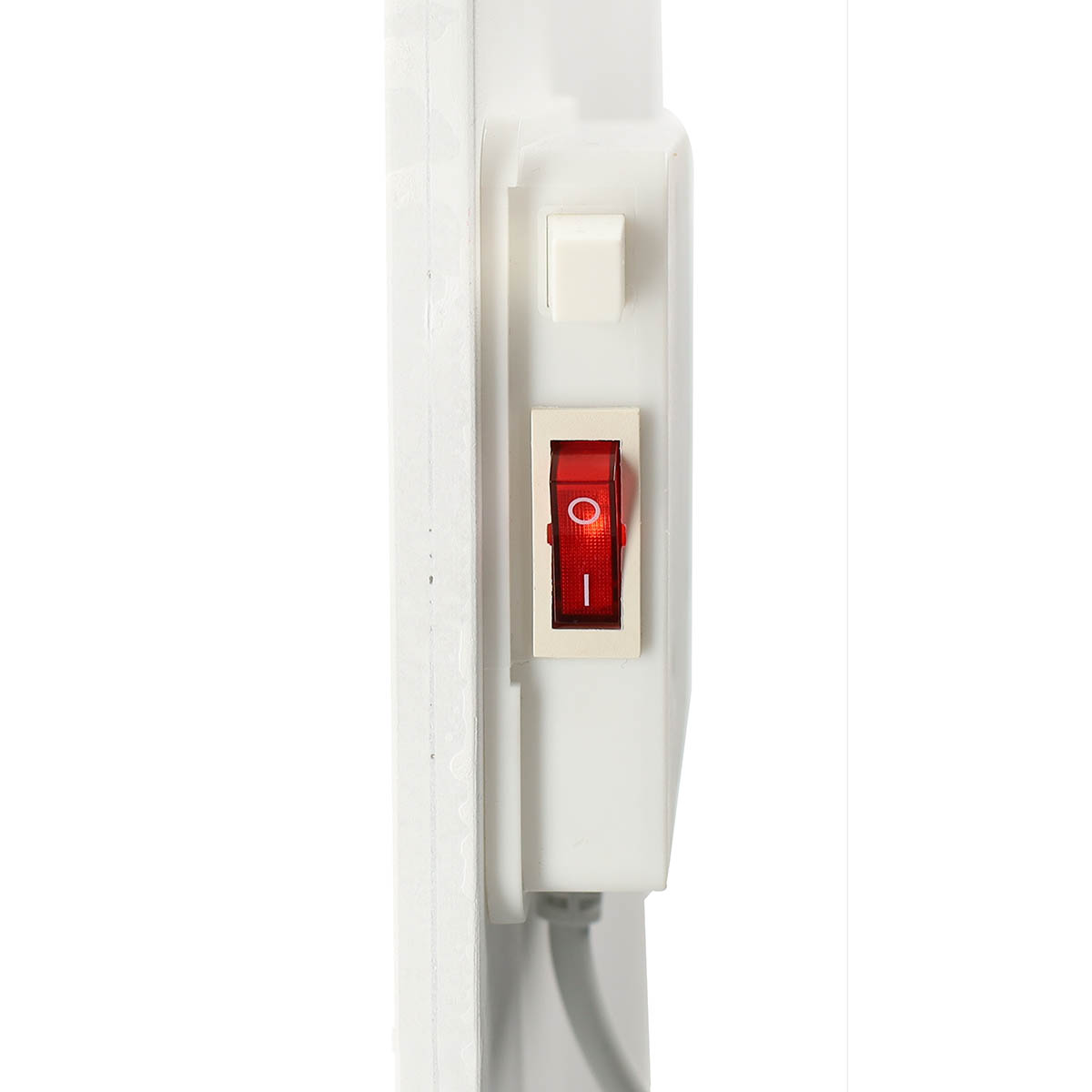 A red rocker switch with a white circle and line on a white control panel.