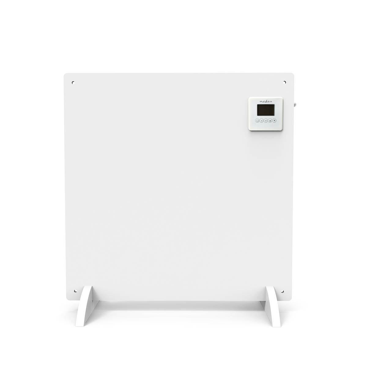 A white electric heater with a small control panel and stand legs.
