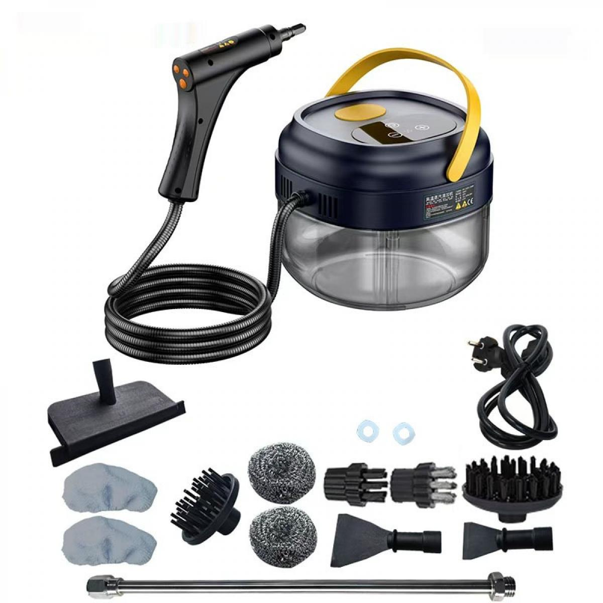 Dampfreiniger mit Zubehör: Handstück, Schlauch, Bürsten, Aufsätze und Kabel.