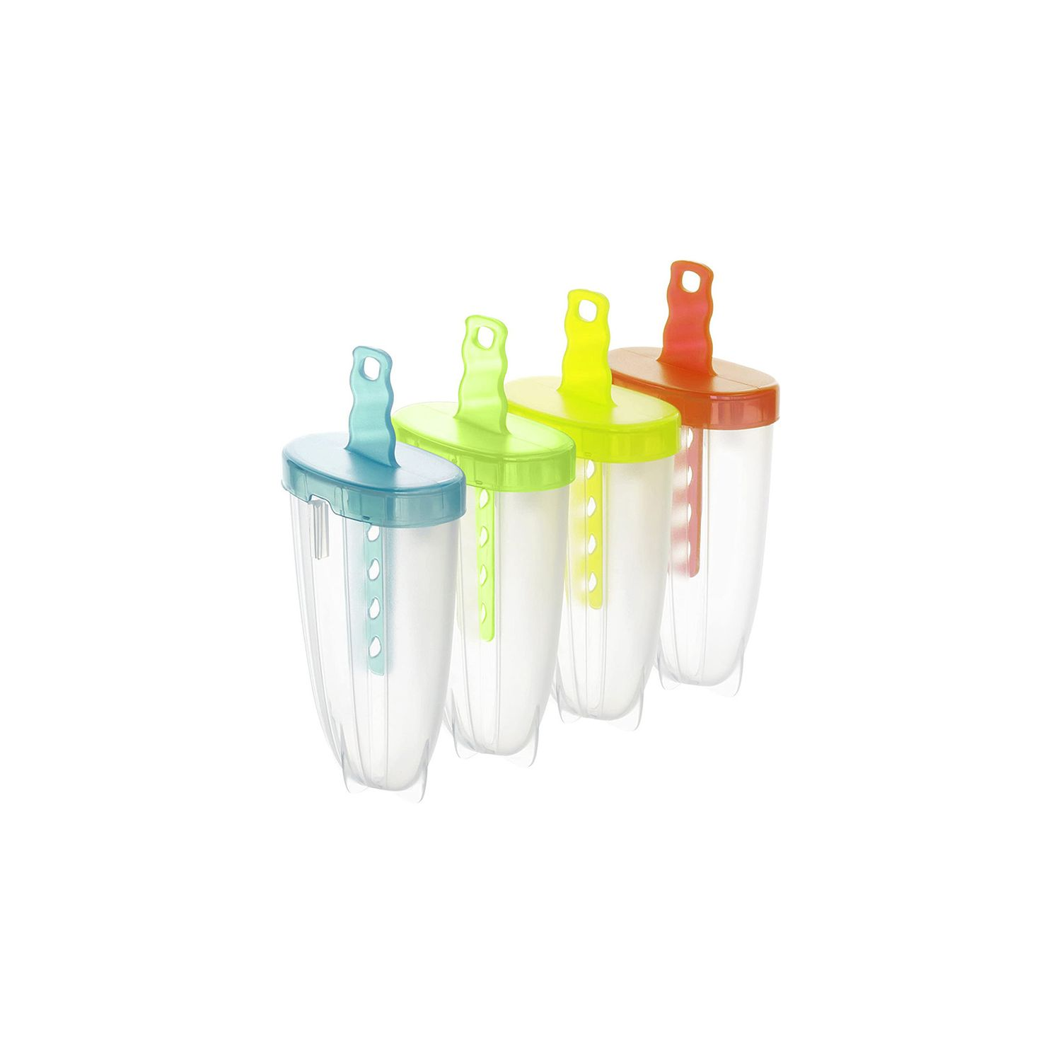 Quattro stampi per ghiaccioli trasparenti con manici colorati: blu, verde, giallo, rosso.