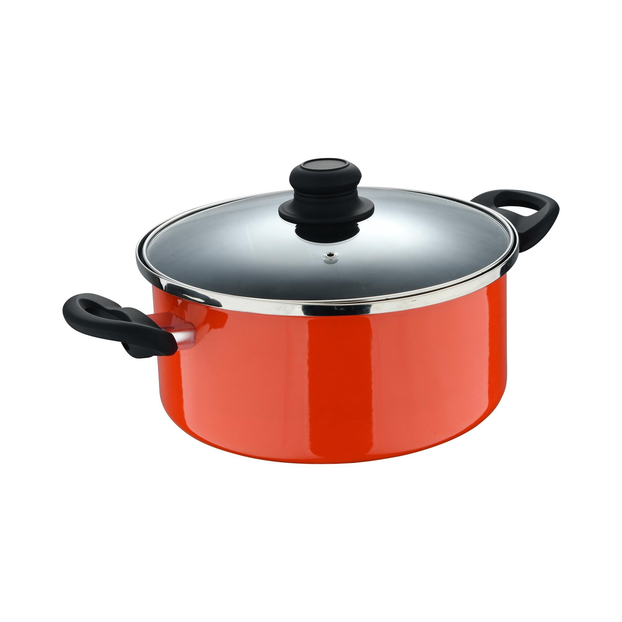 Una olla roja con tapa de cristal y asas negras sobre fondo blanco.