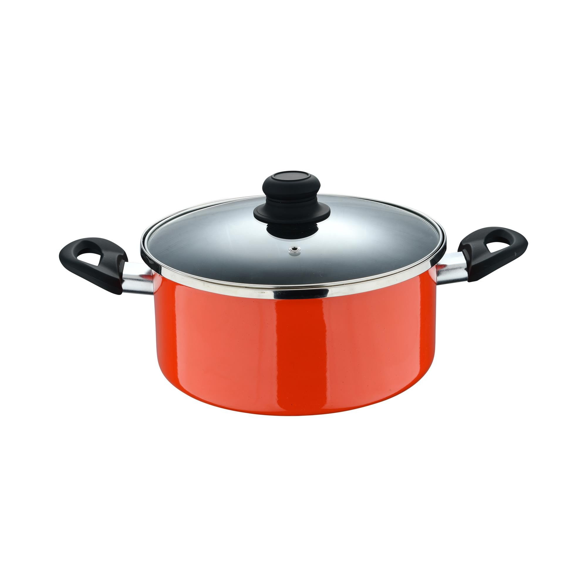 Una olla naranja con tapa de cristal y asas negras sobre fondo blanco.