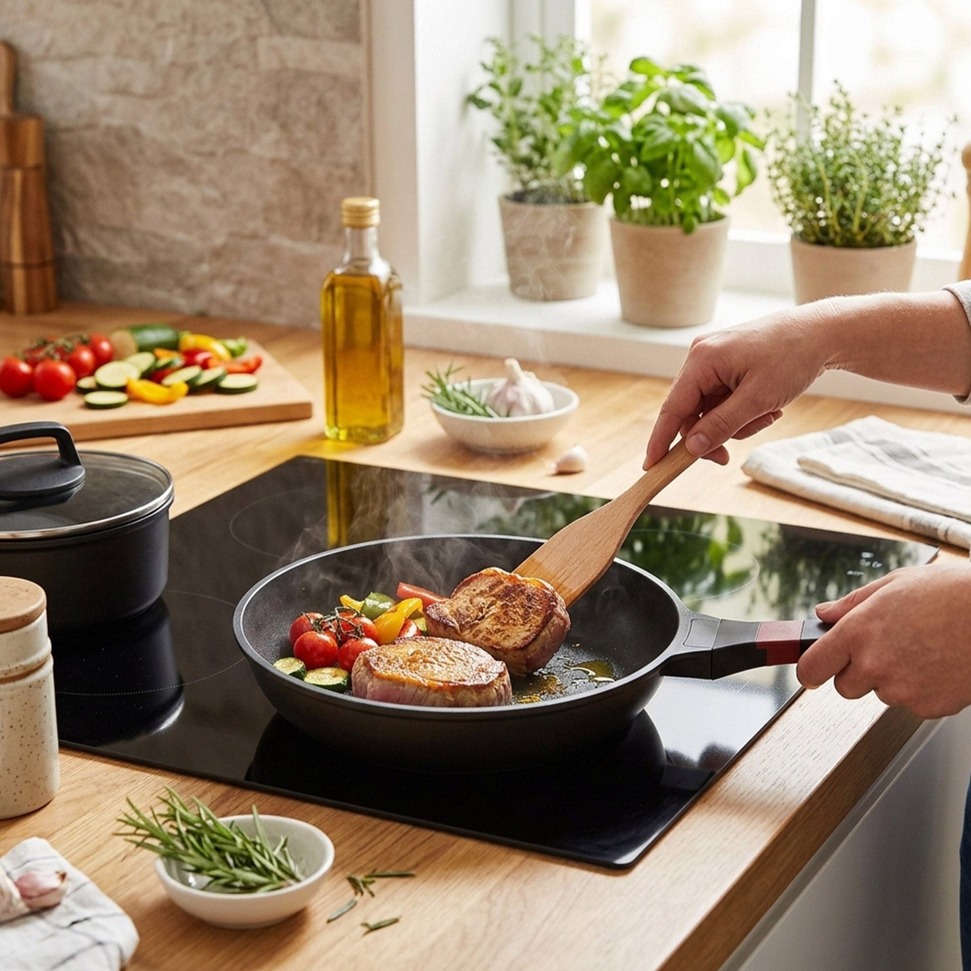 Carne y verduras friéndose en una sartén en una estufa, manos usando una espátula.