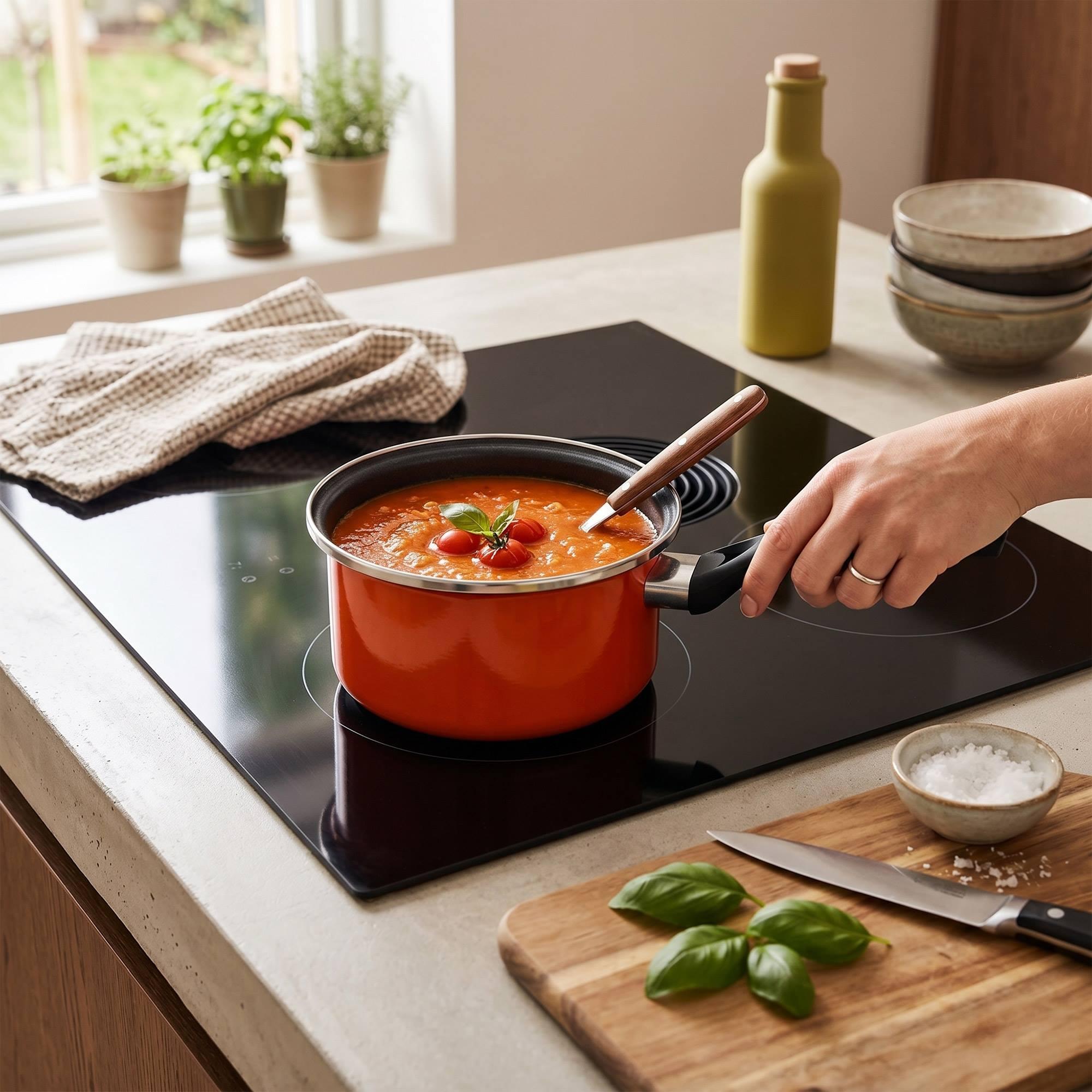 Una mano remueve una olla de sopa de tomate en una vitrocerámica. Albahaca y sal cerca.