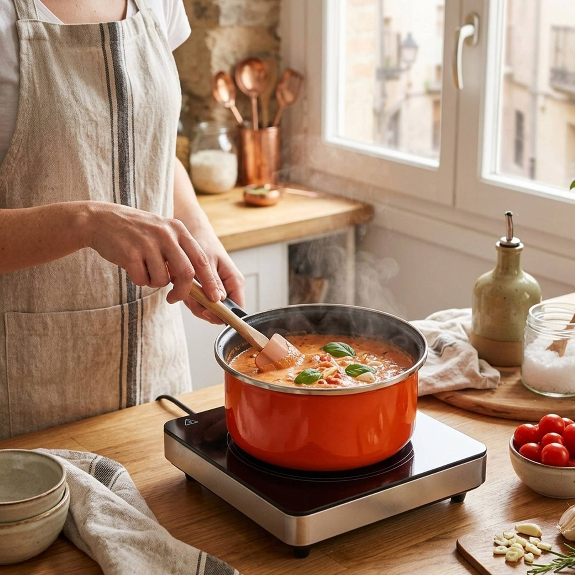 Una persona cocina una salsa roja en una olla en una placa de inducción.