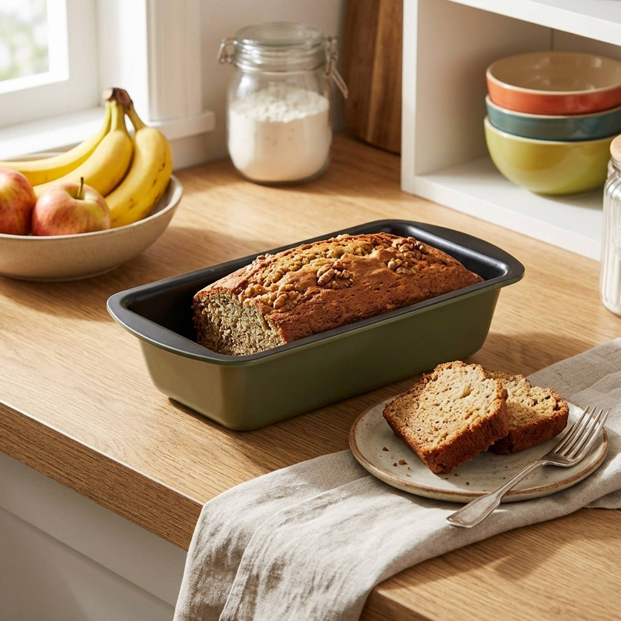 Un pan de molde con nueces reposa en un molde verde. Dos rebanadas están en un plato con un tenedor.