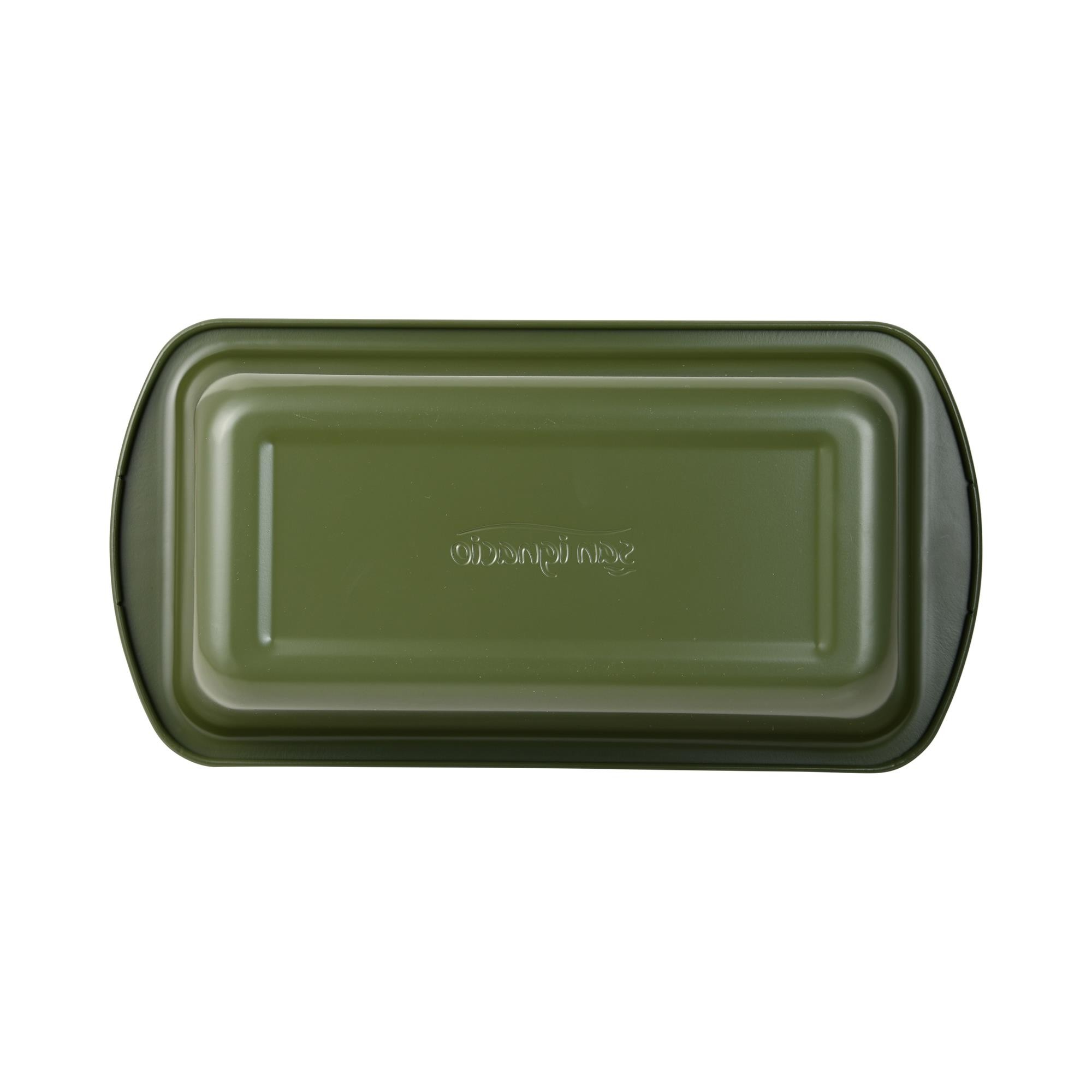 Molde para hornear rectangular verde con esquinas redondeadas y patrón.