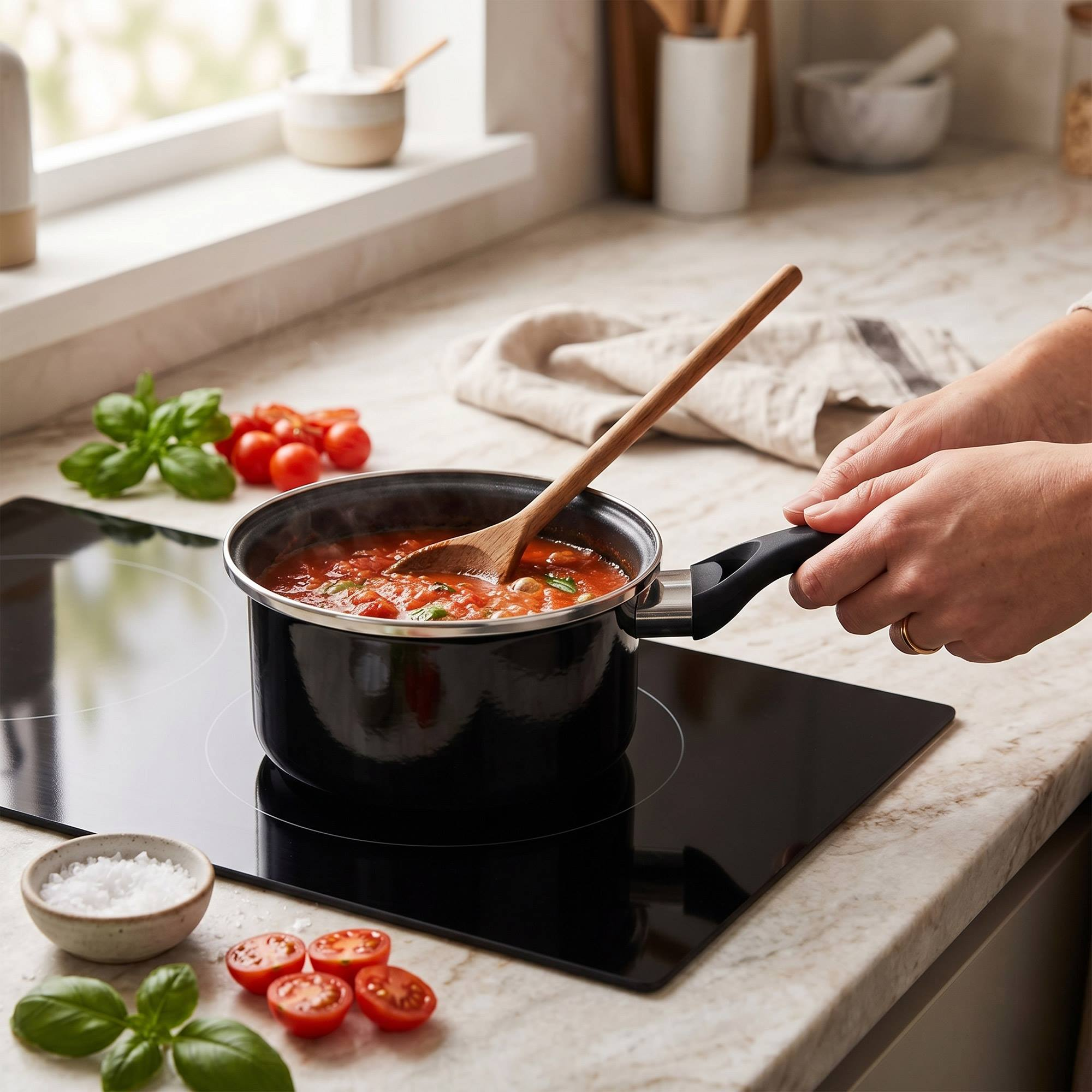 Una persona revuelve salsa de tomate en una olla sobre una placa de inducción.