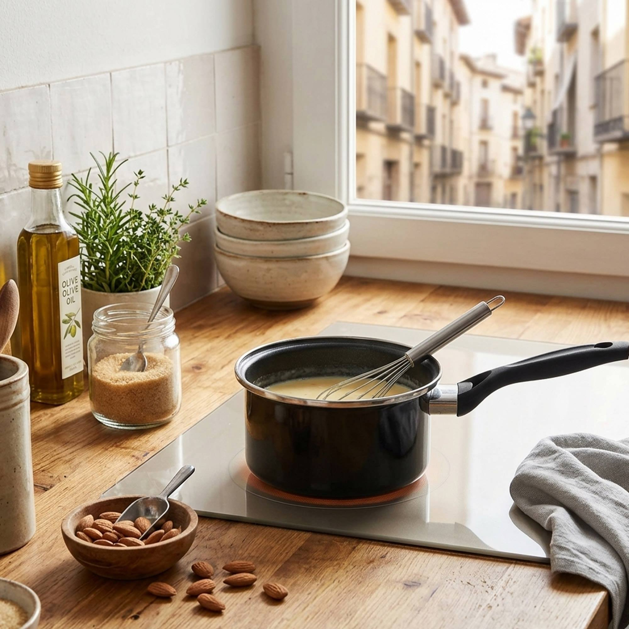 Una olla con líquido amarillo y batidor en una vitrocerámica, junto a aceite, hierbas, azúcar y almendras.