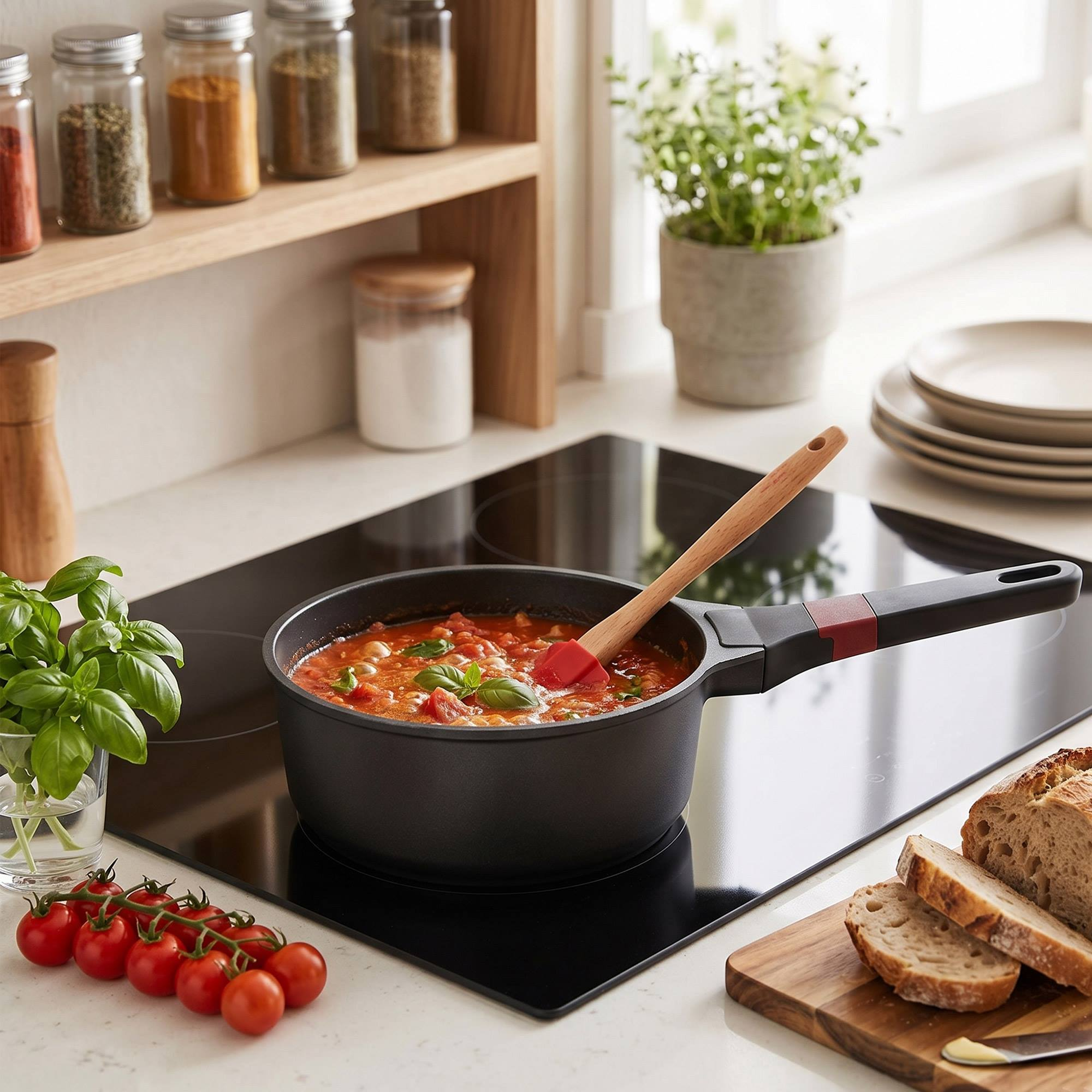 Una olla de sopa de tomate en una estufa con tomates, albahaca y pan.