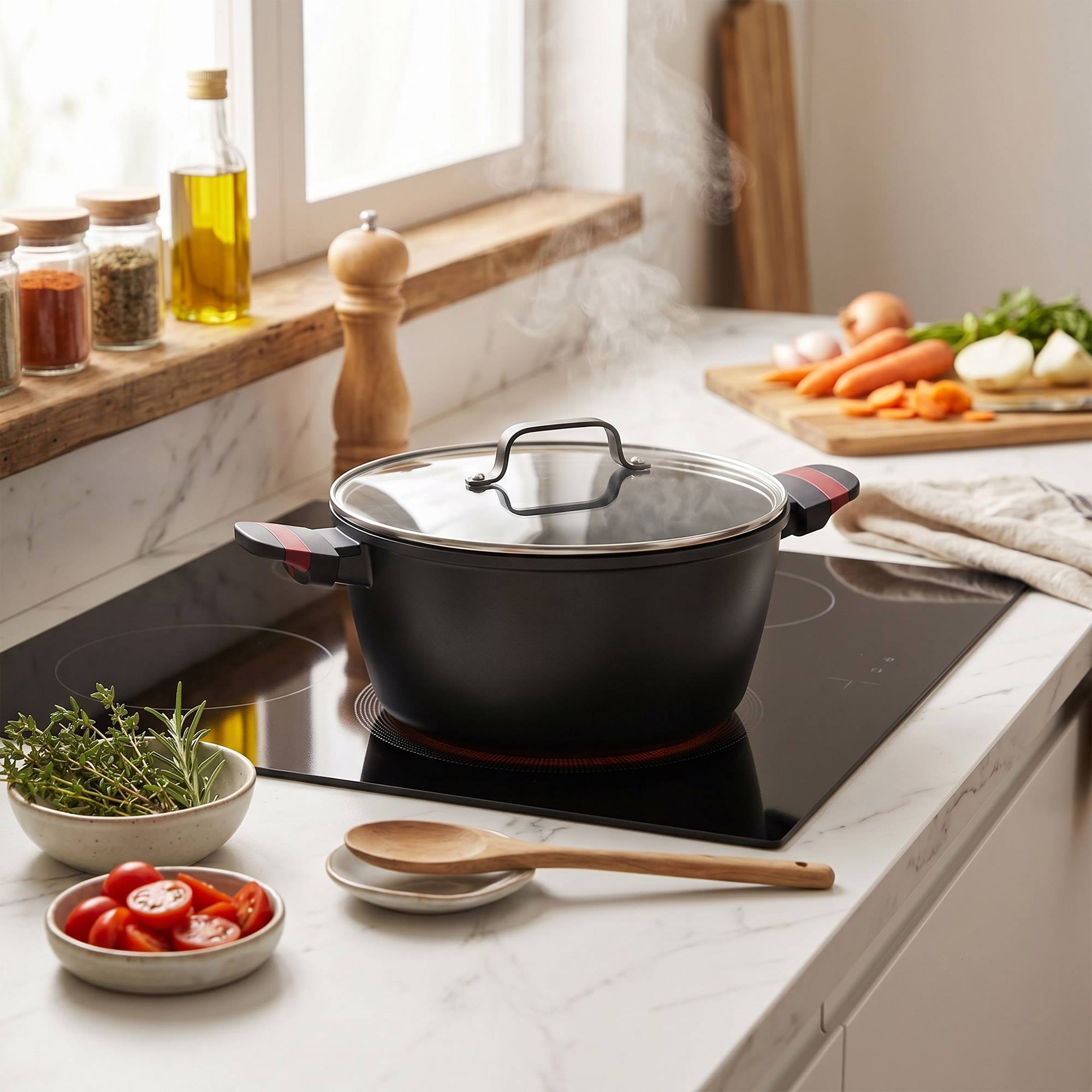 Una olla humea en una placa de inducción con hierbas y tomates al lado.