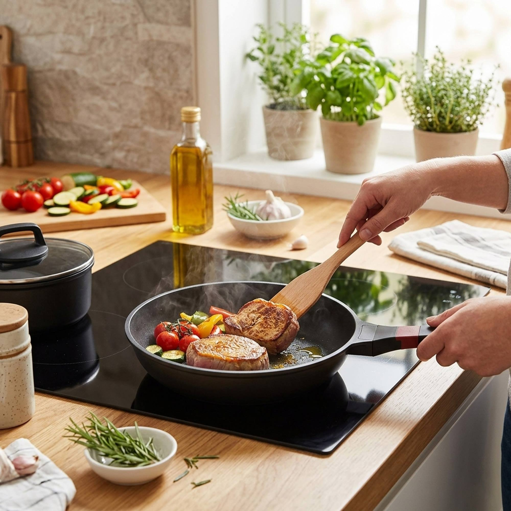Carne y verduras chisporrotean en una sartén sobre una placa de inducción.