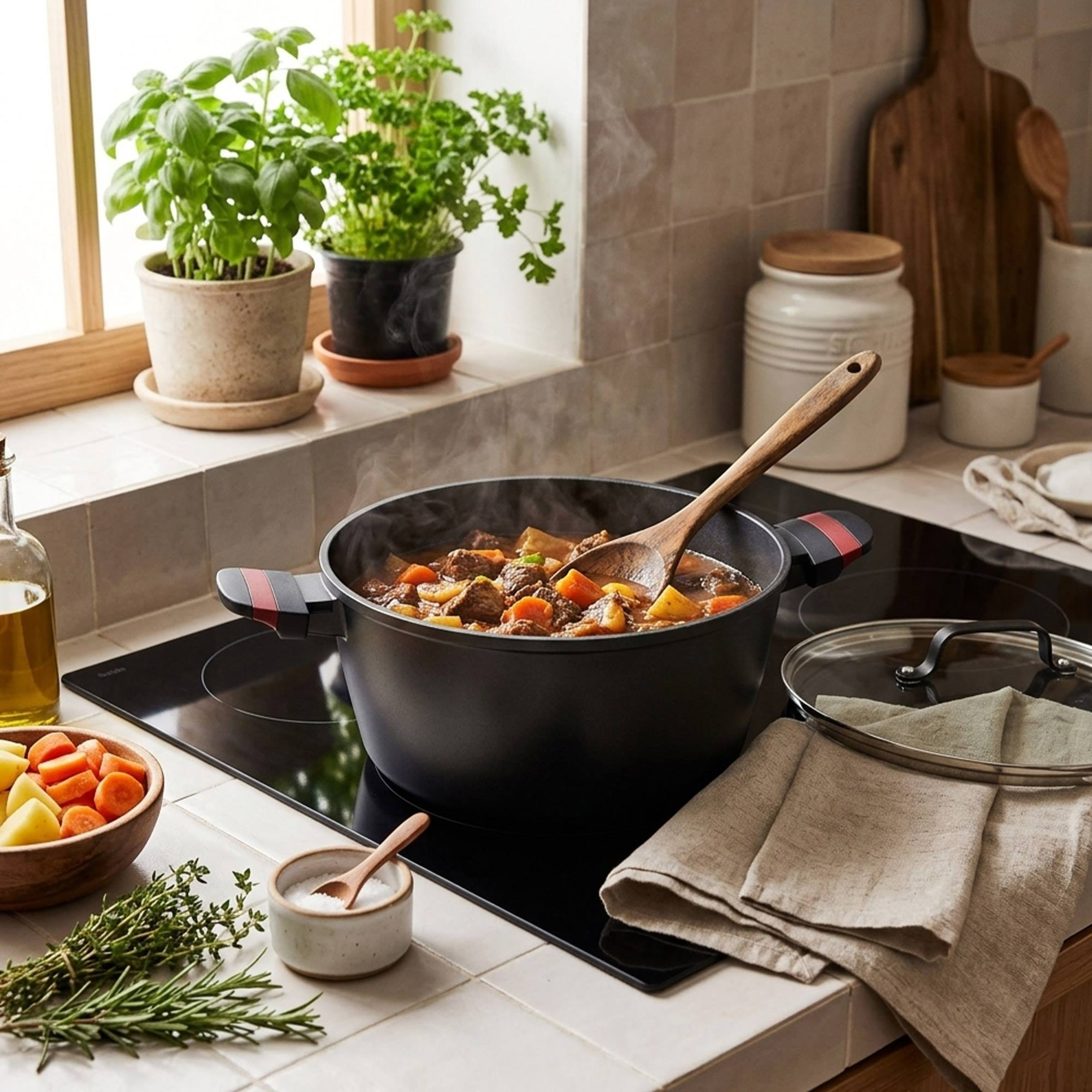 Un estofado de carne y verduras hierve a fuego lento en una olla en la estufa.