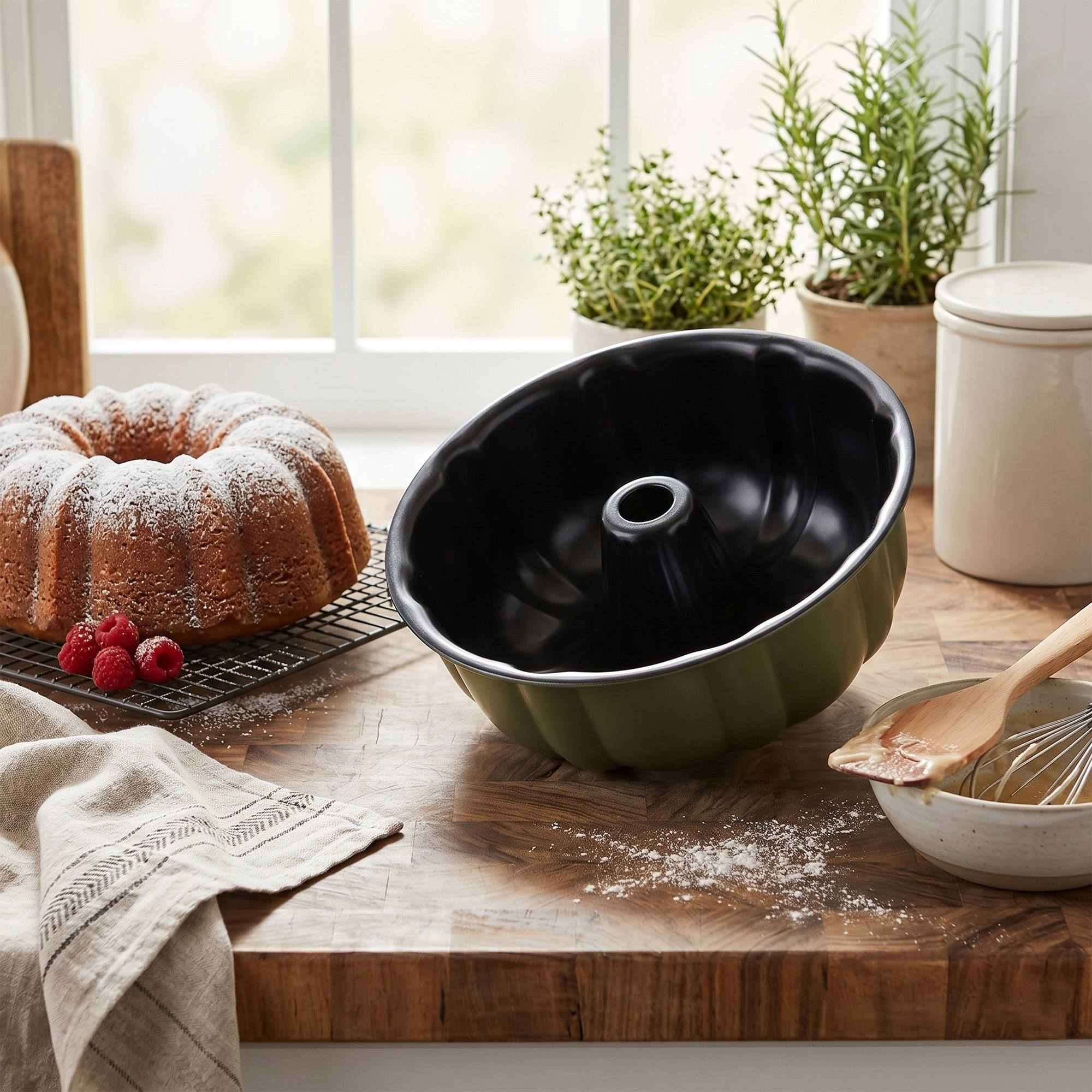 Un pastel horneado con azúcar glas y bayas junto a un molde verde.