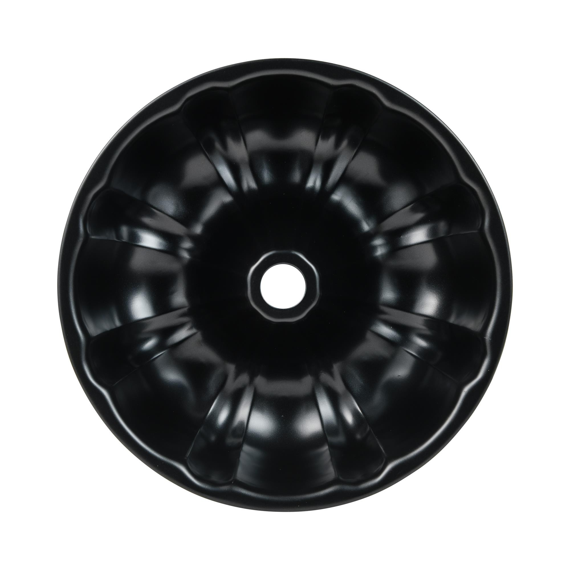 Molde negro para Bundt con lados acanalados y un agujero central.