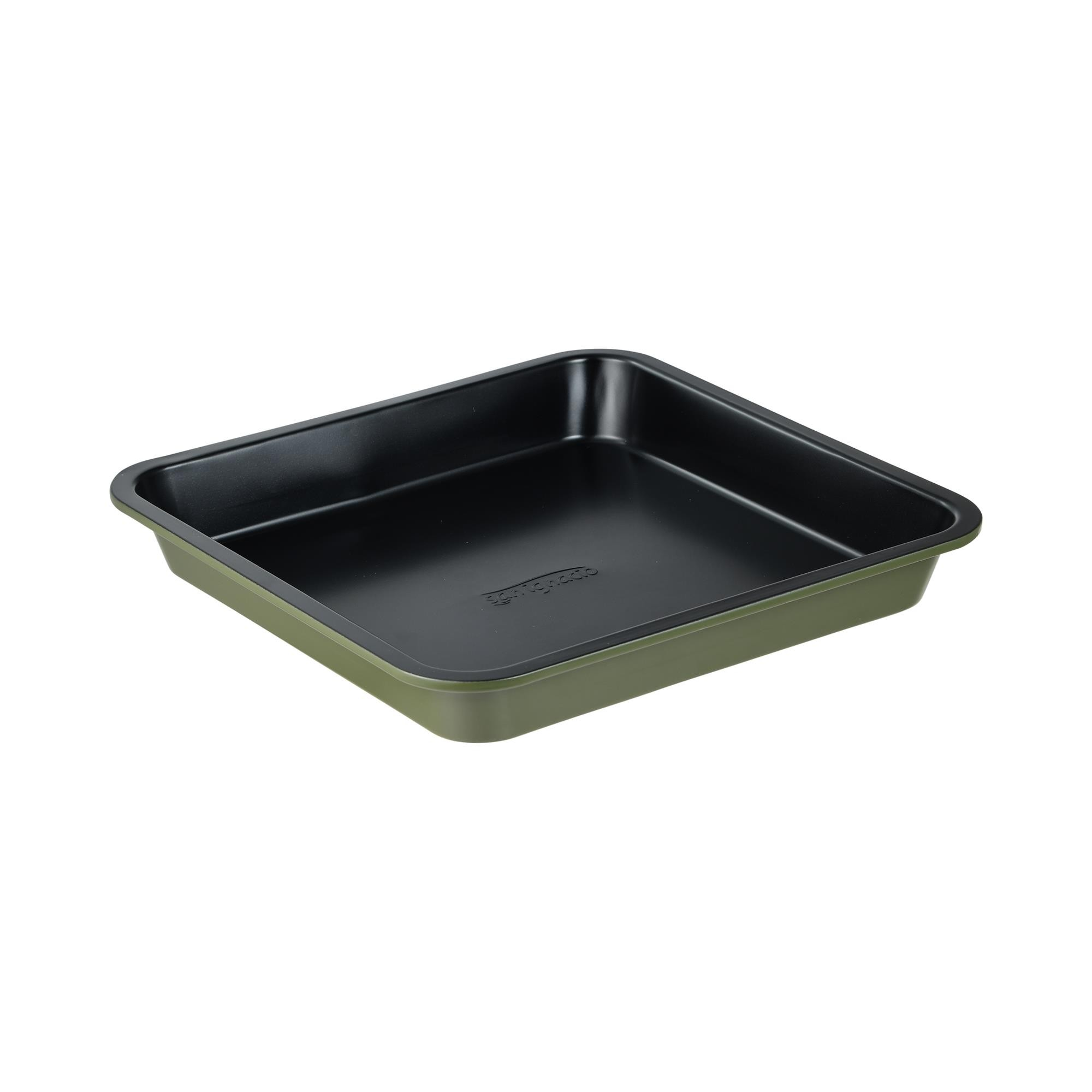 Una bandeja rectangular verde para hornear con interior negro.