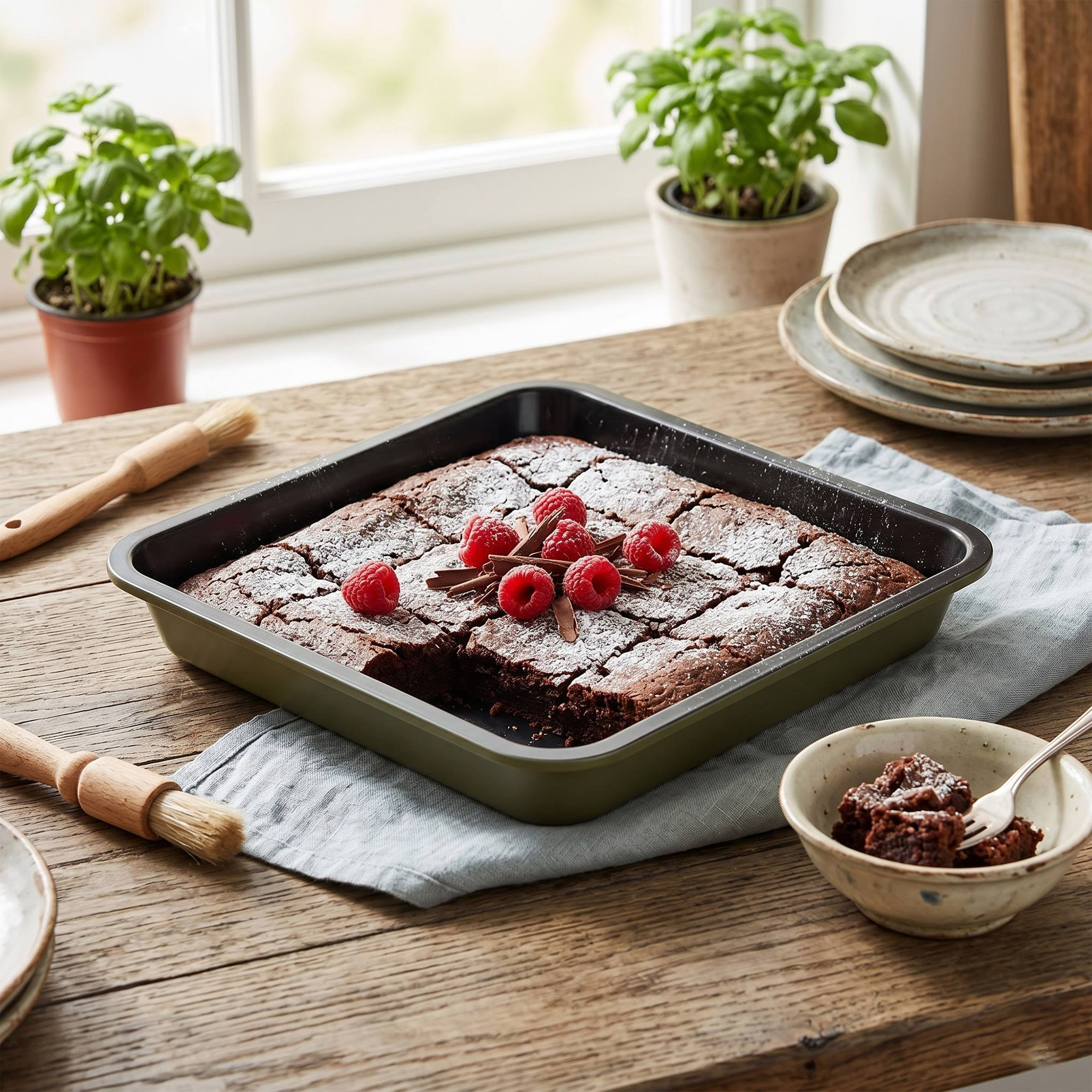 Pastel de chocolate con azúcar glas y frambuesas en un molde.