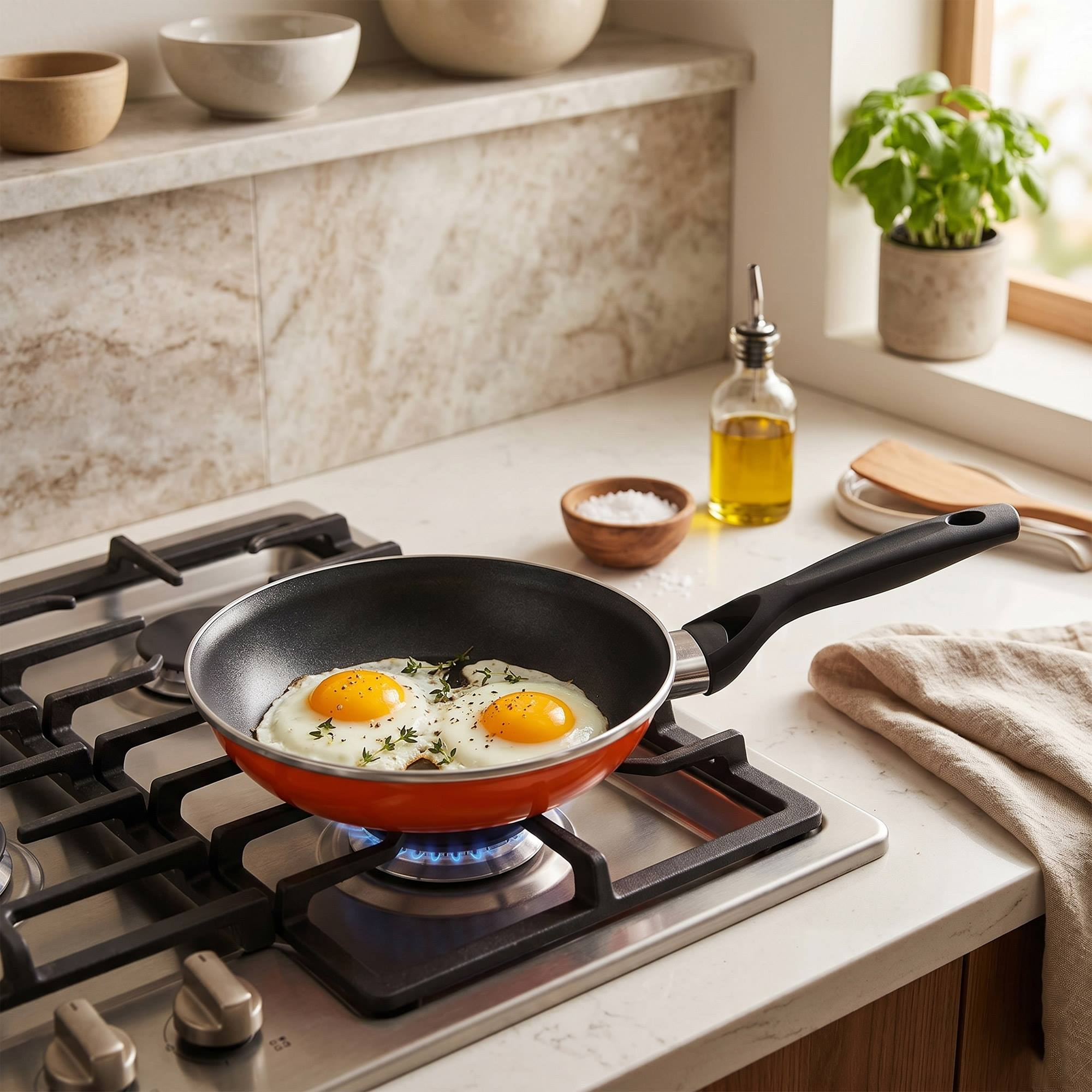 Dos huevos fritos cocinándose en una sartén roja en una estufa de gas.