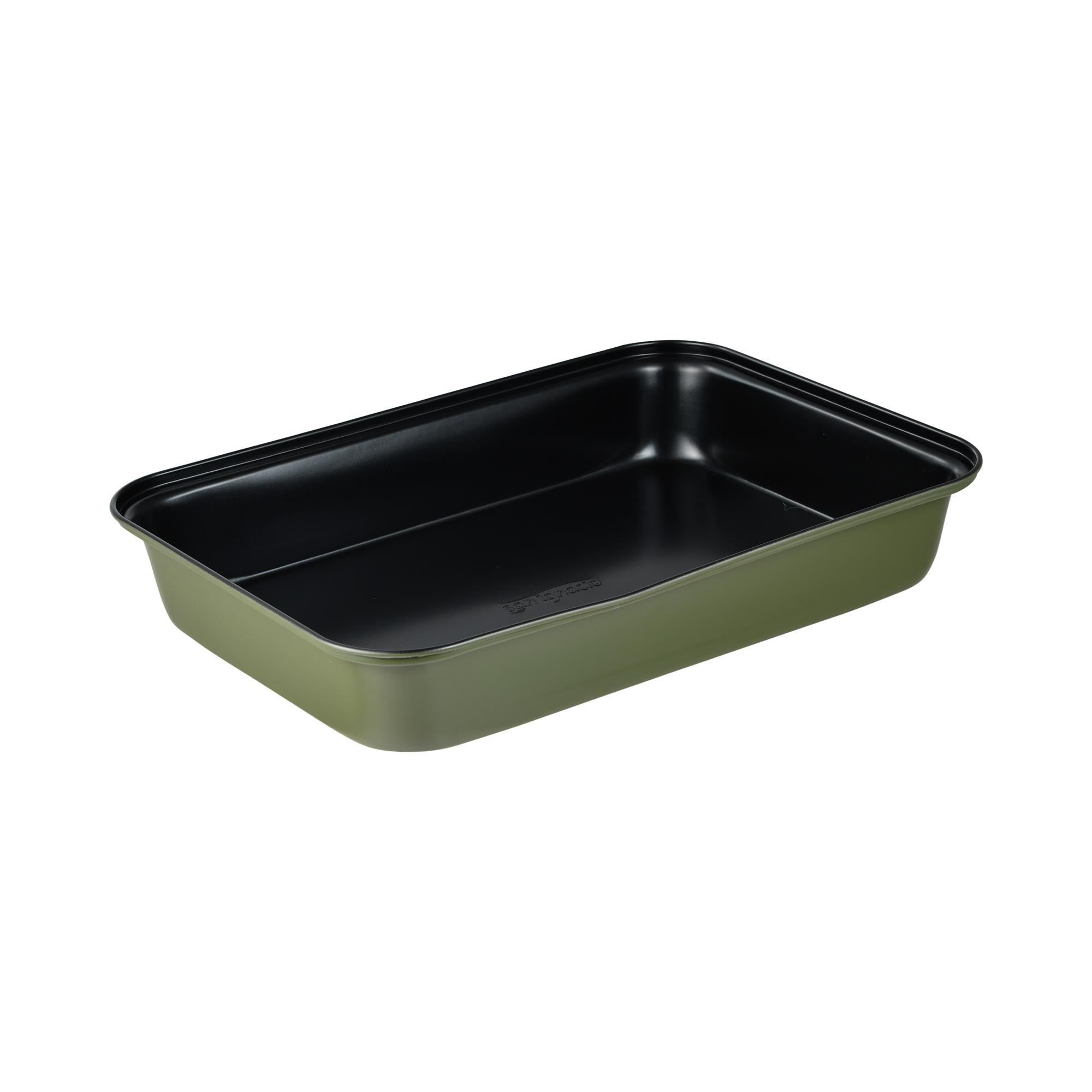 Una bandeja de horno verde con interior negro.
