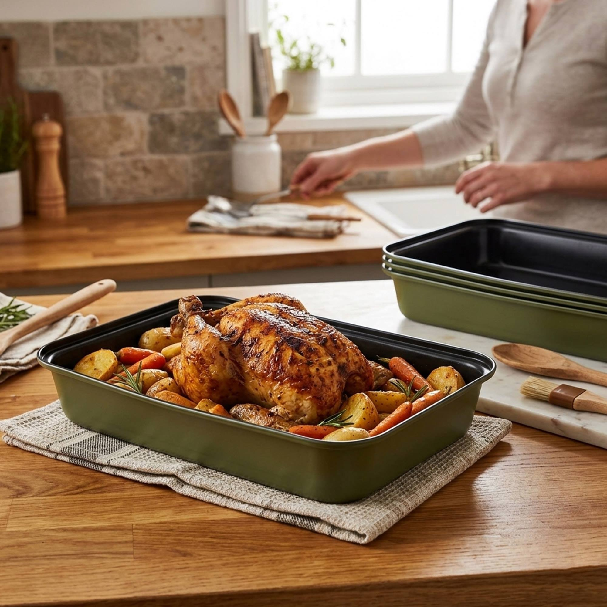 Un pollo asado con patatas y zanahorias en una fuente verde.
