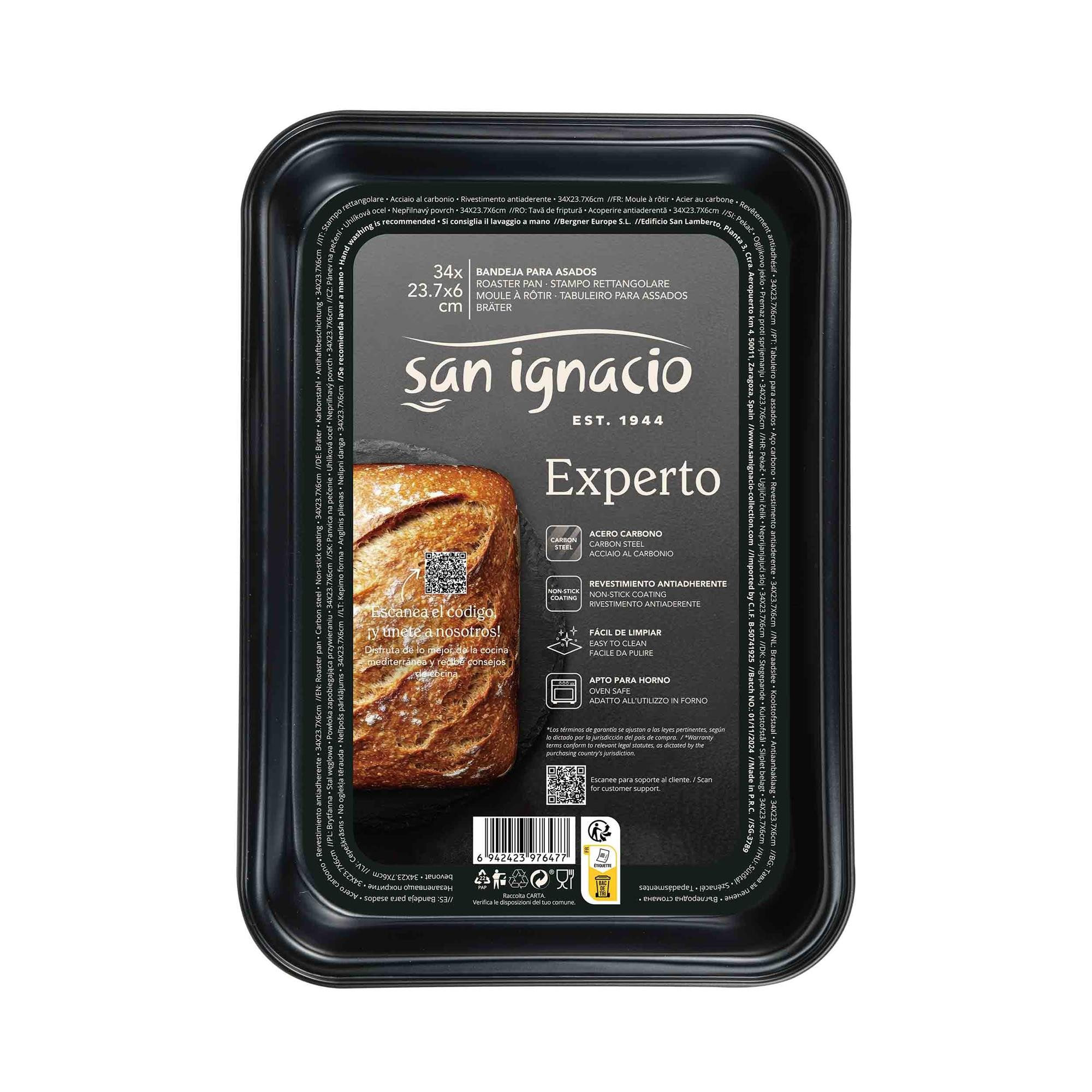 Bandeja negra de acero al carbono con pan. Medidas 34x23,7x6cm. San Ignacio Experto.