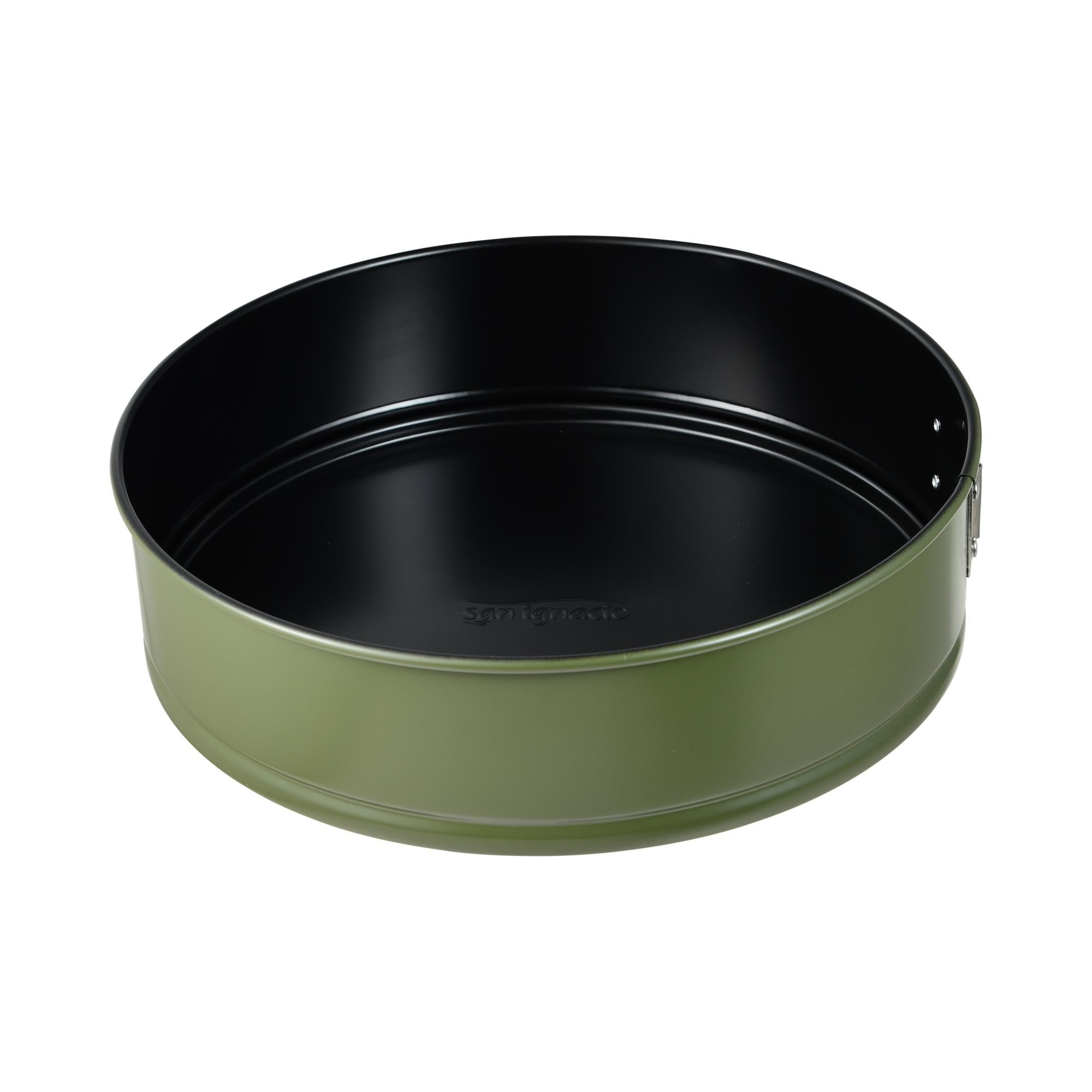 Un molde desmontable redondo, verde oliva, con interior negro y cierre plateado.