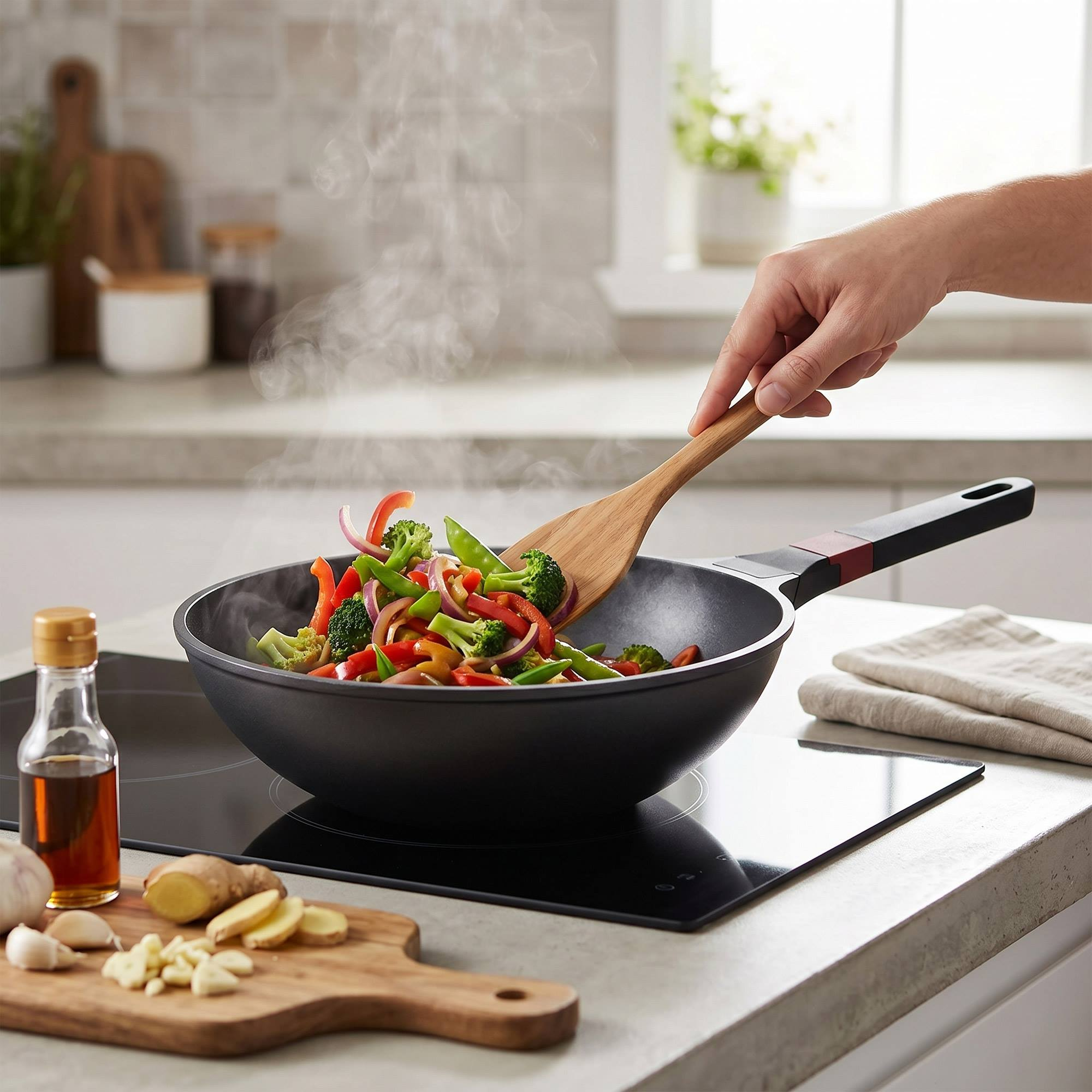 Verduras salteadas en wok sobre vitrocerámica, removidas con espátula de madera.