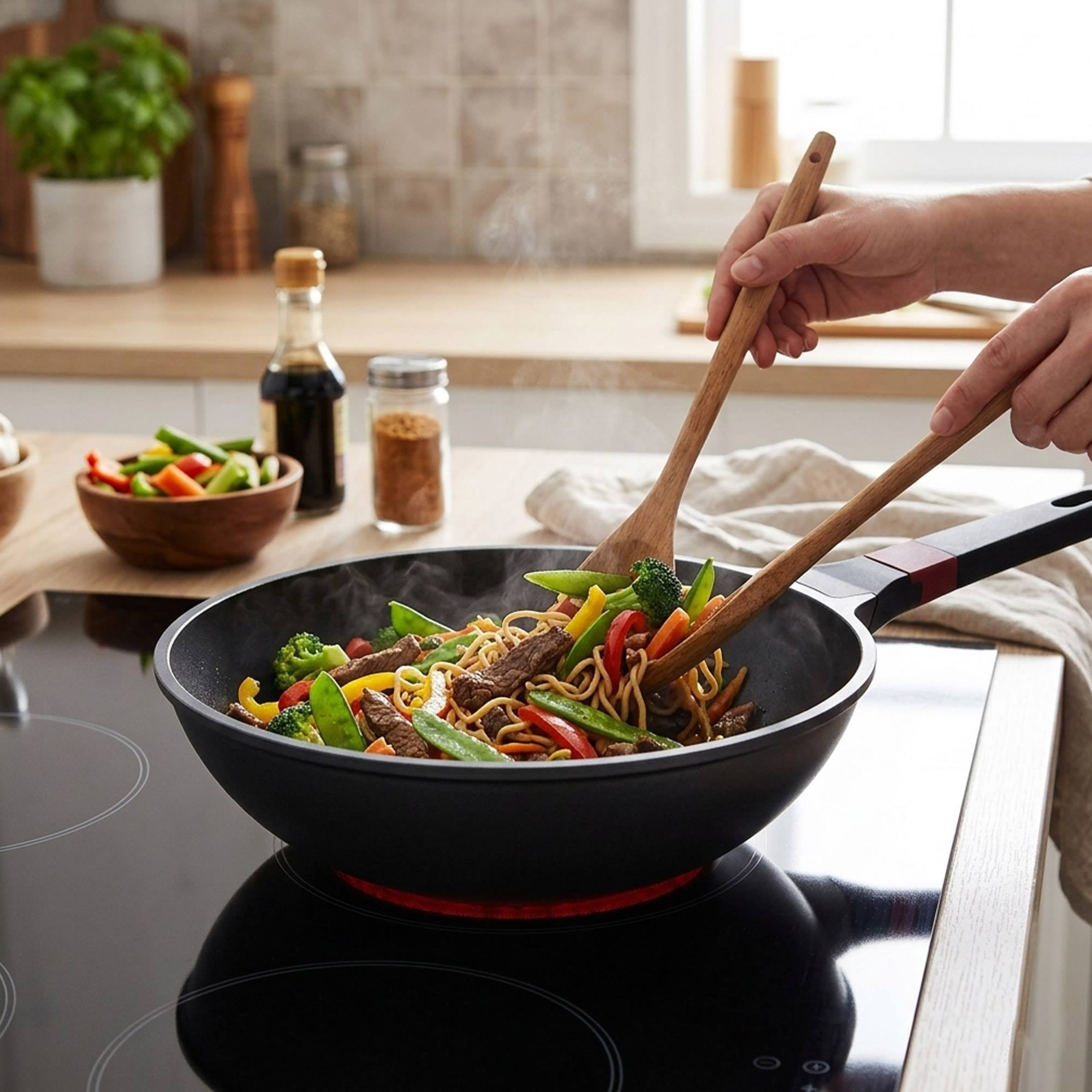 Manos revuelven fideos con verduras y carne en un wok sobre una estufa.