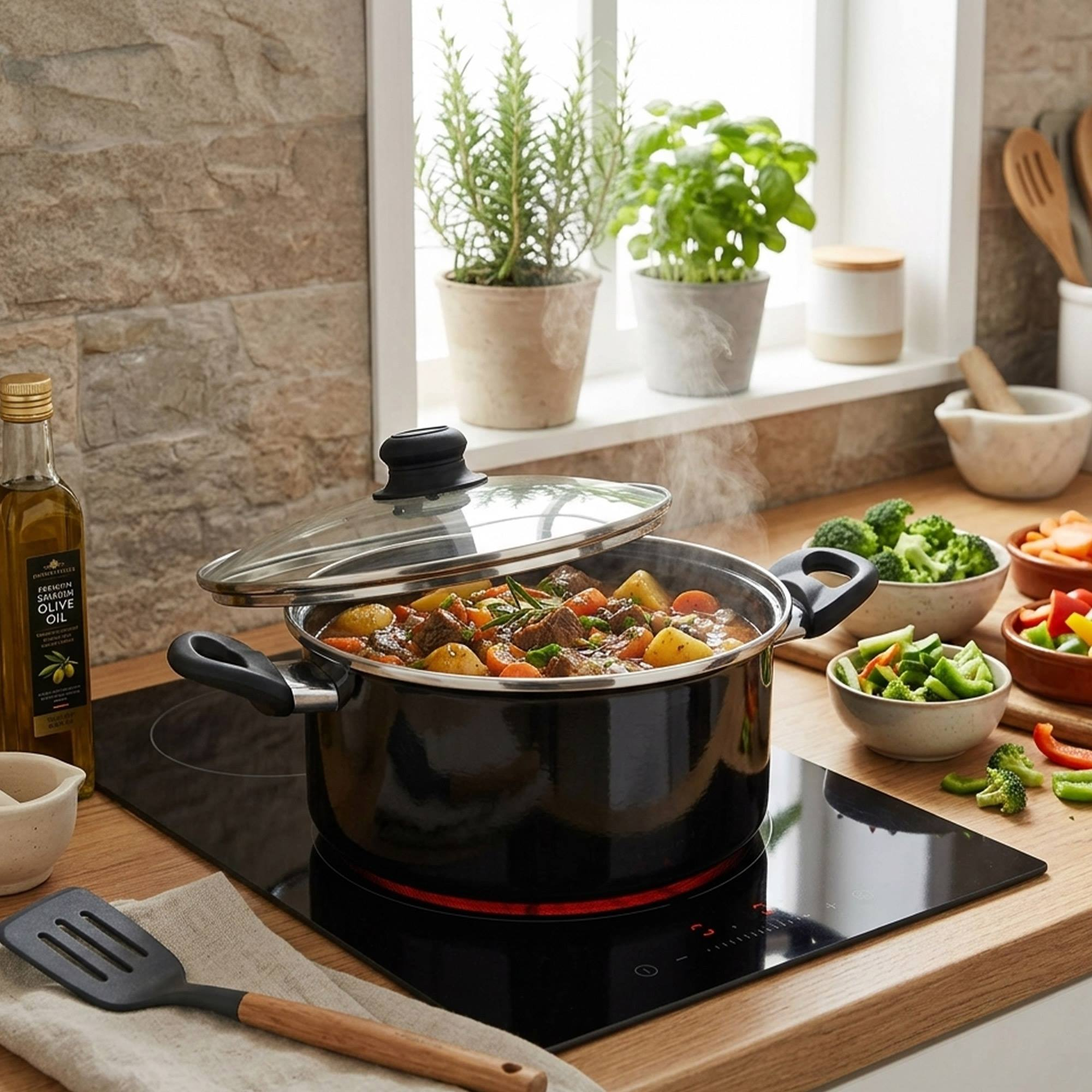 Una olla de estofado humea en una placa de inducción, con verduras cerca.