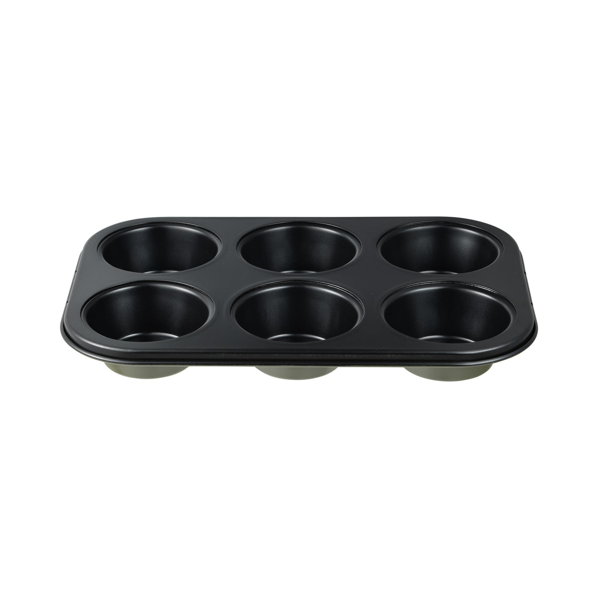 Molde negro para seis muffins con cavidades redondas.